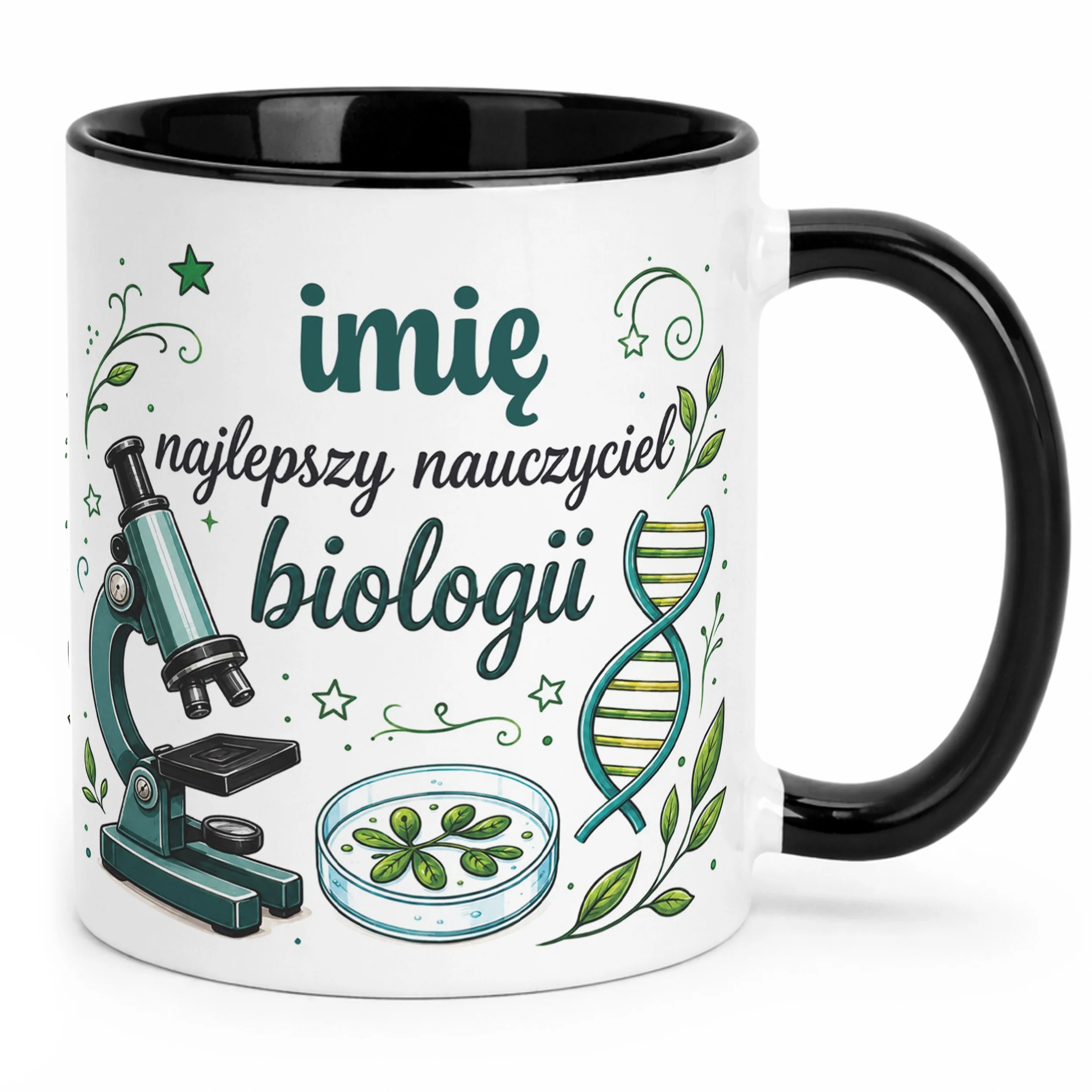 Kubek Czarny z Imieniem Dzień Nauczyciela Biologia Prezent