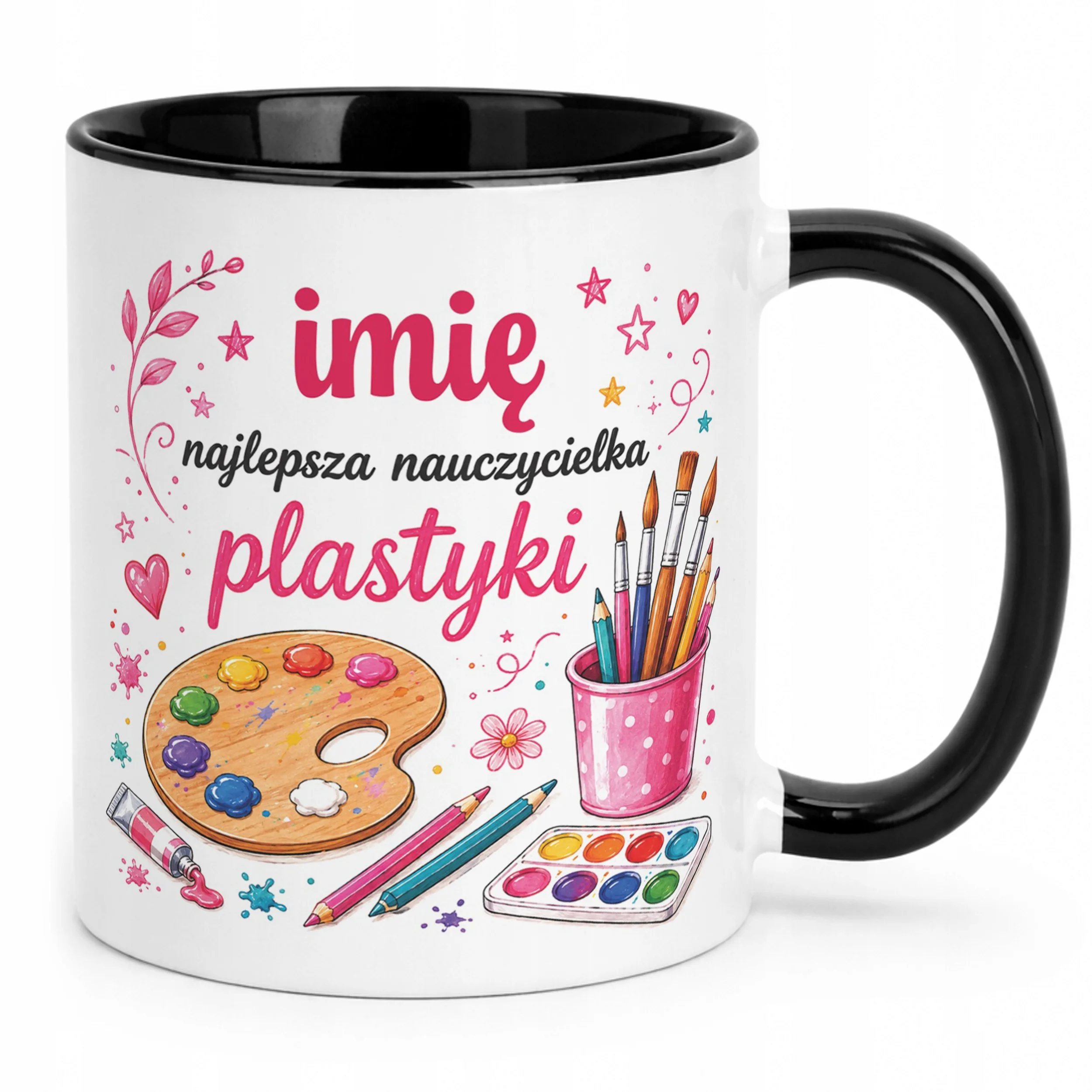 Kubek Czarny z Imieniem Dzień Nauczyciela Plastyka Prezent