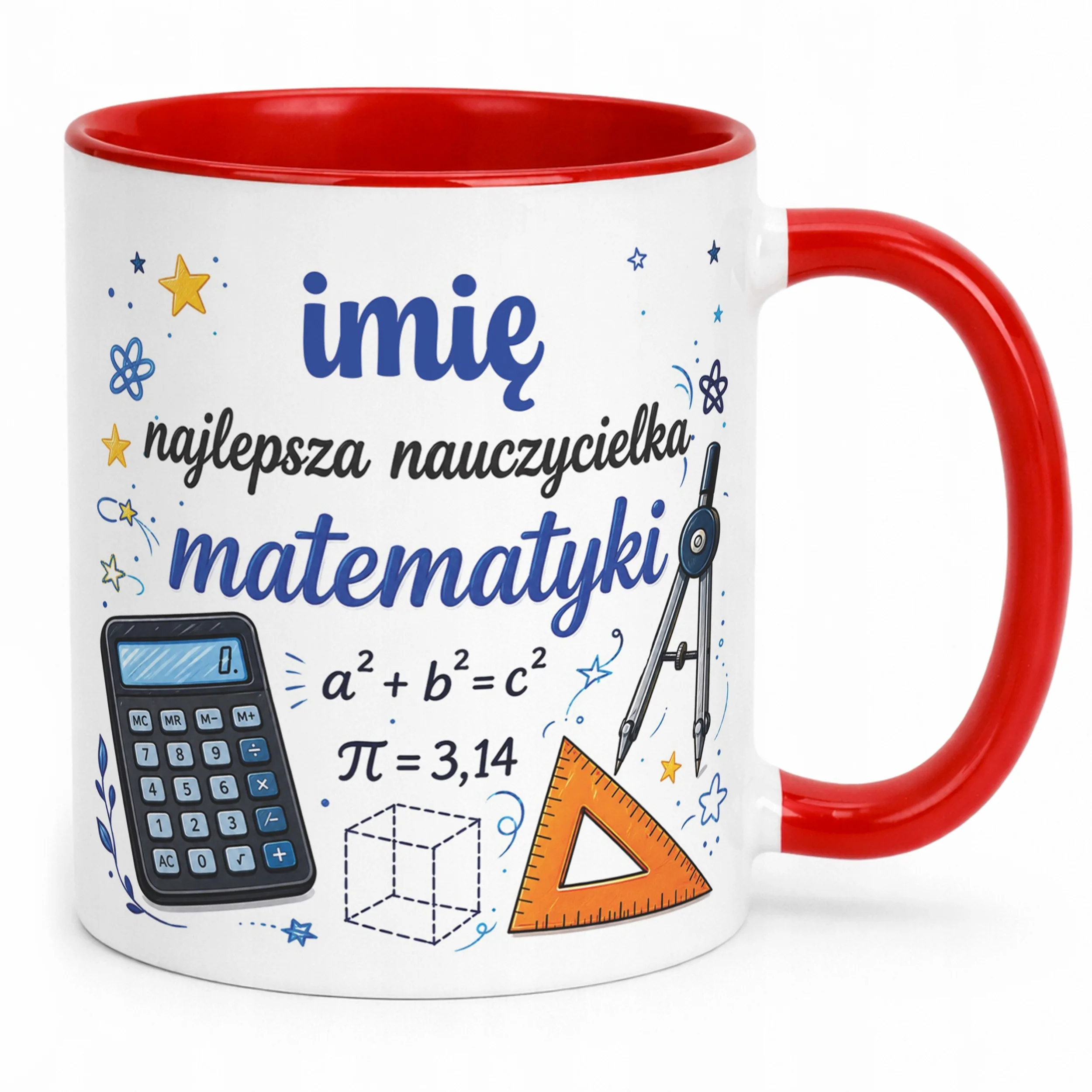 Kubek Czerwony z Imieniem Dzień Nauczyciela Matematyka Prezent