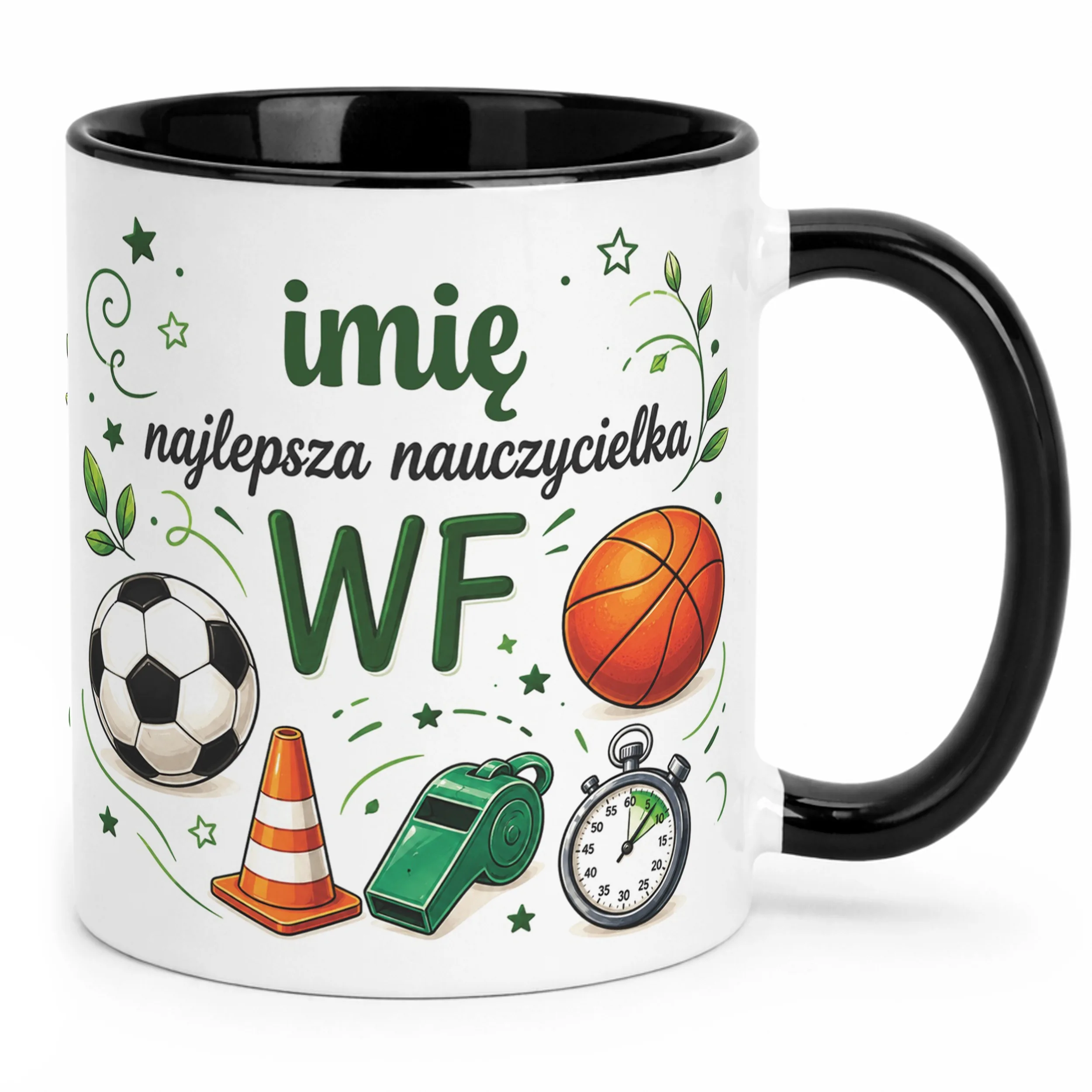 Kubek Czarny z Imieniem Dzień Nauczyciela WF Prezent