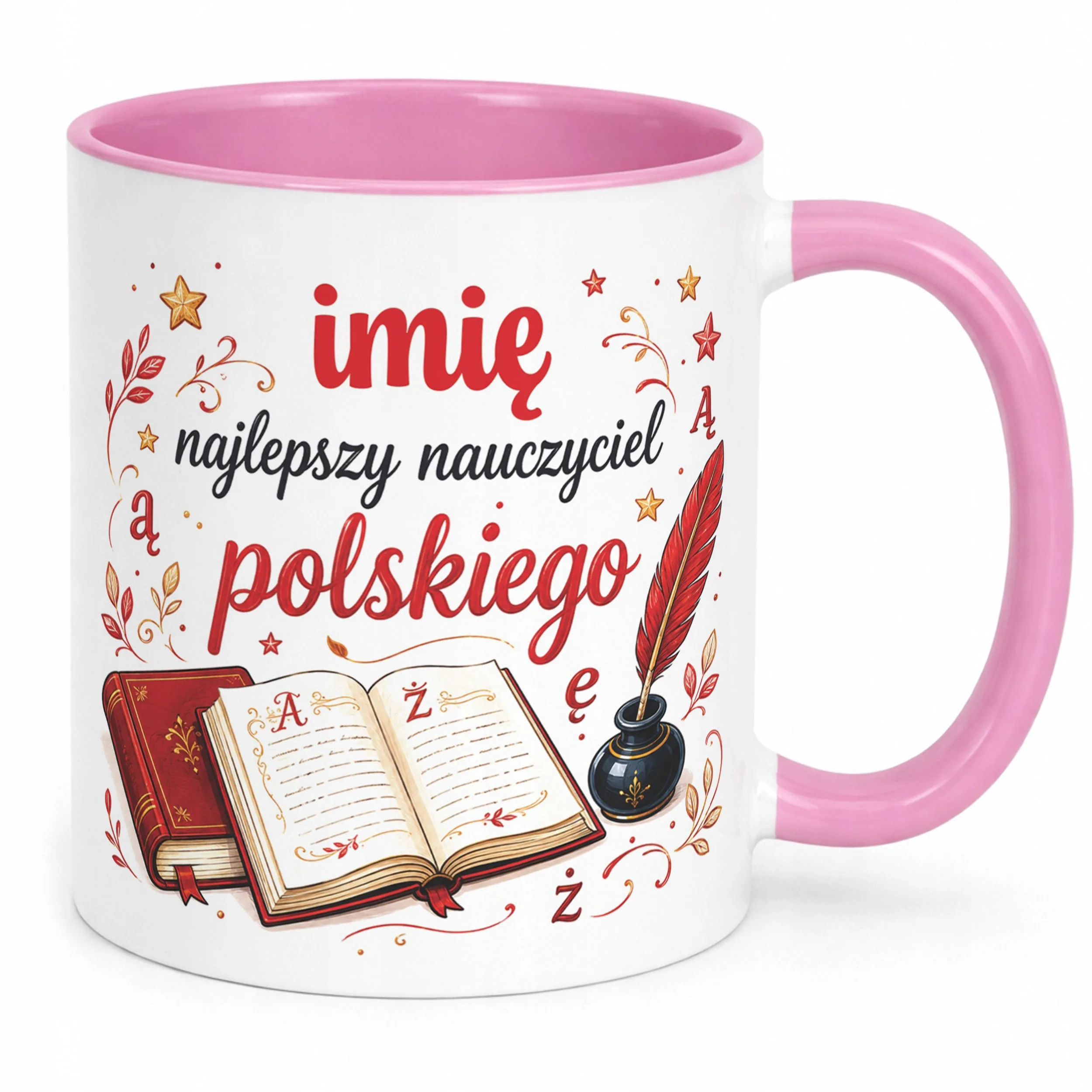 Kubek Różowy z Imieniem Dzień Nauczyciela Język Polski Prezent