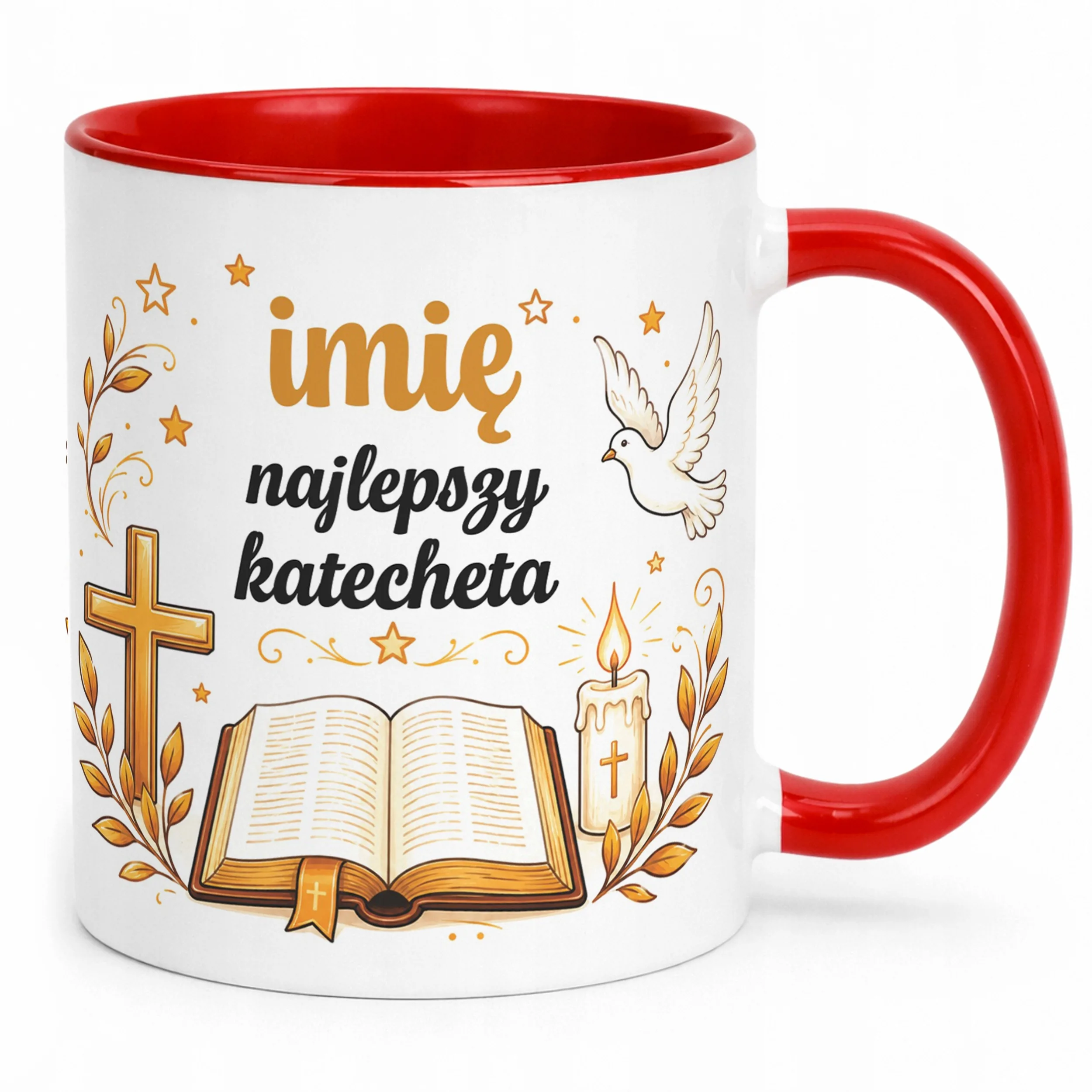 Kubek Czerwony z Imieniem Dzień Nauczyciela Dla Katechety Prezent