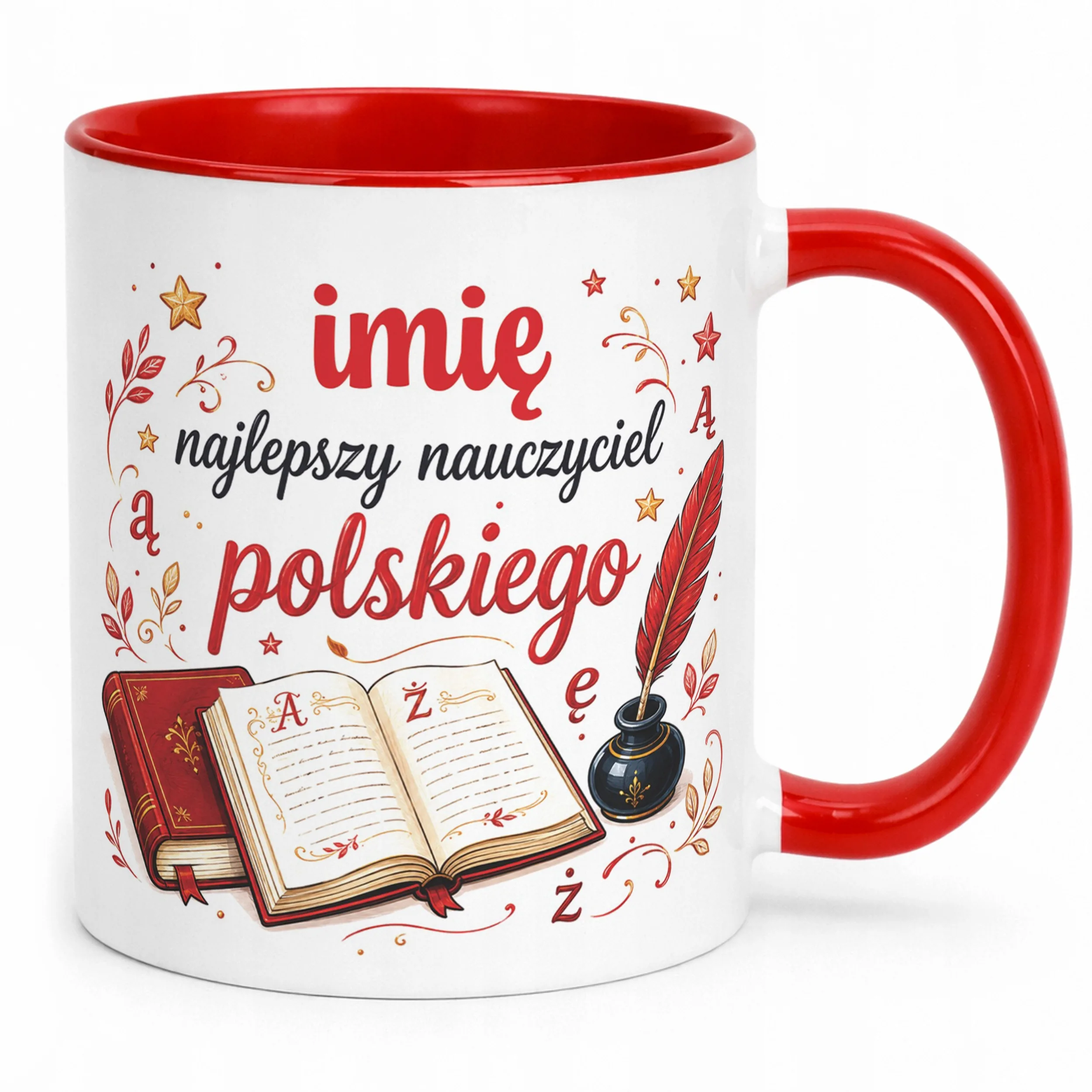 Kubek Czerwony z Imieniem Dzień Nauczyciela Język Polski Prezent