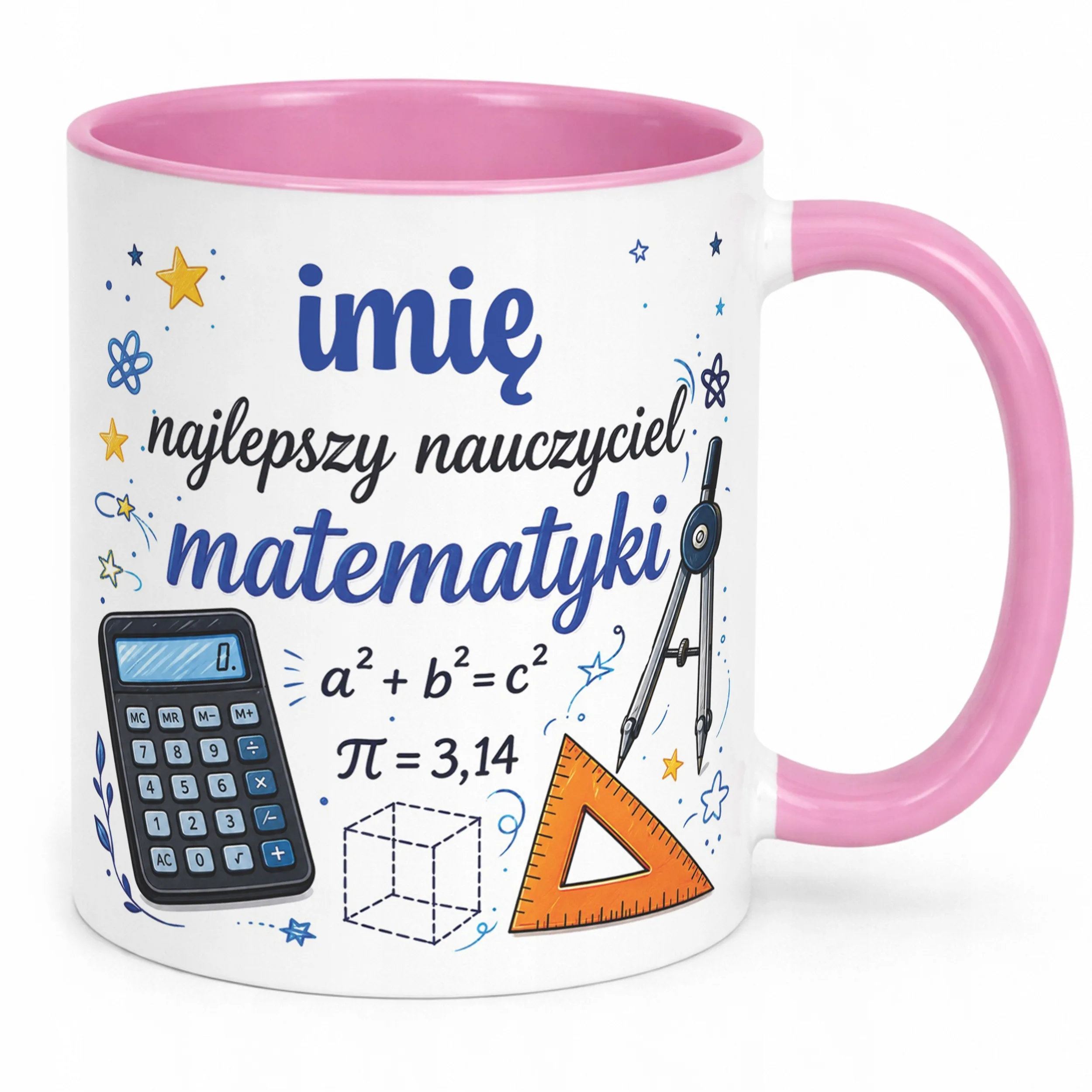 Kubek Różowy z Imieniem Dzień Nauczyciela Matematyka Prezent
