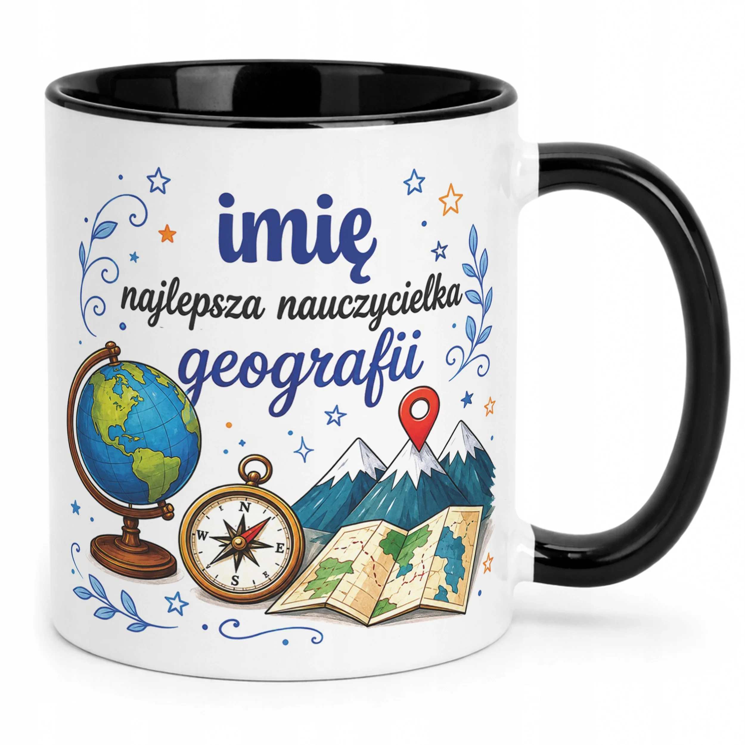 Kubek Czarny z Imieniem Dzień Nauczyciela Geografia Prezent