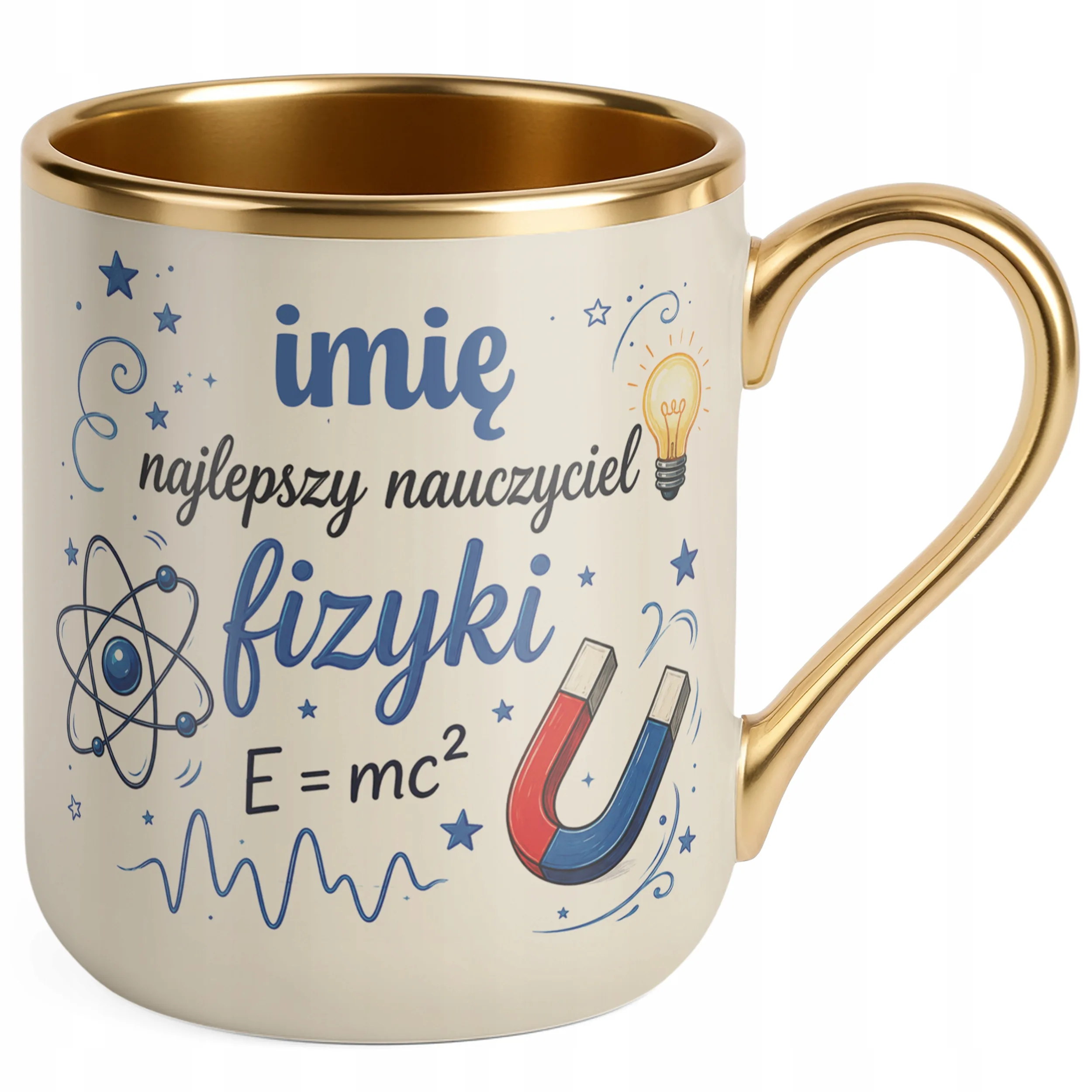 Kubek Premium Złoty Ecru z Imieniem Dzień Nauczyciela Fizyka Prezent