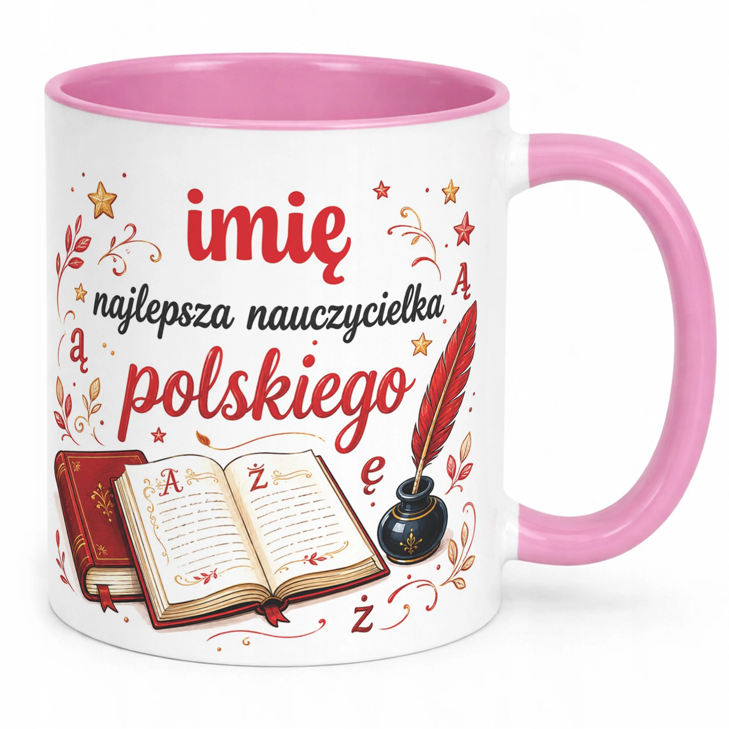 Kubek Różowy z Imieniem Dzień Nauczyciela Język Polski Prezent