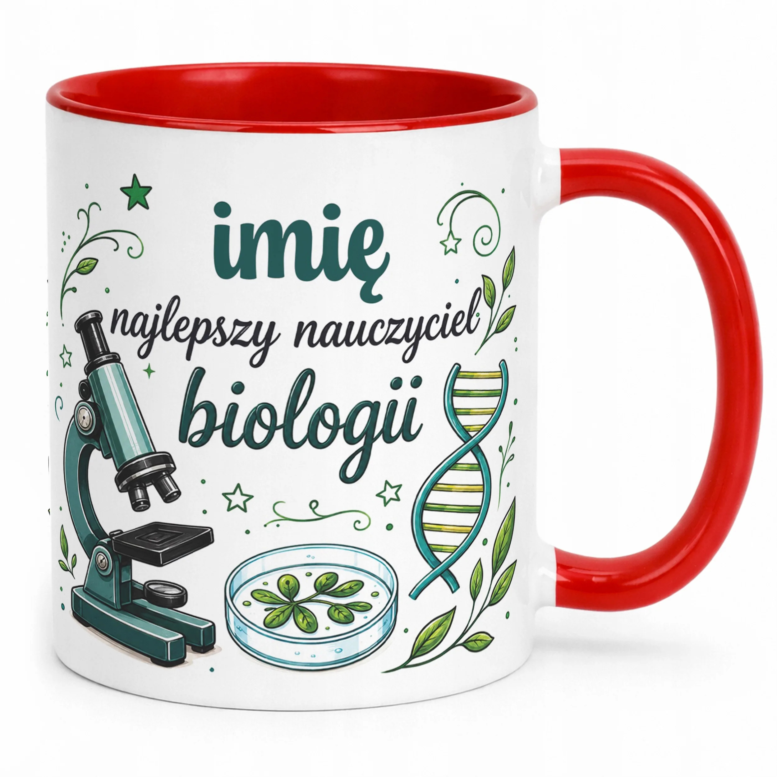 Kubek Czerwony z Imieniem Dzień Nauczyciela Biologia Prezent