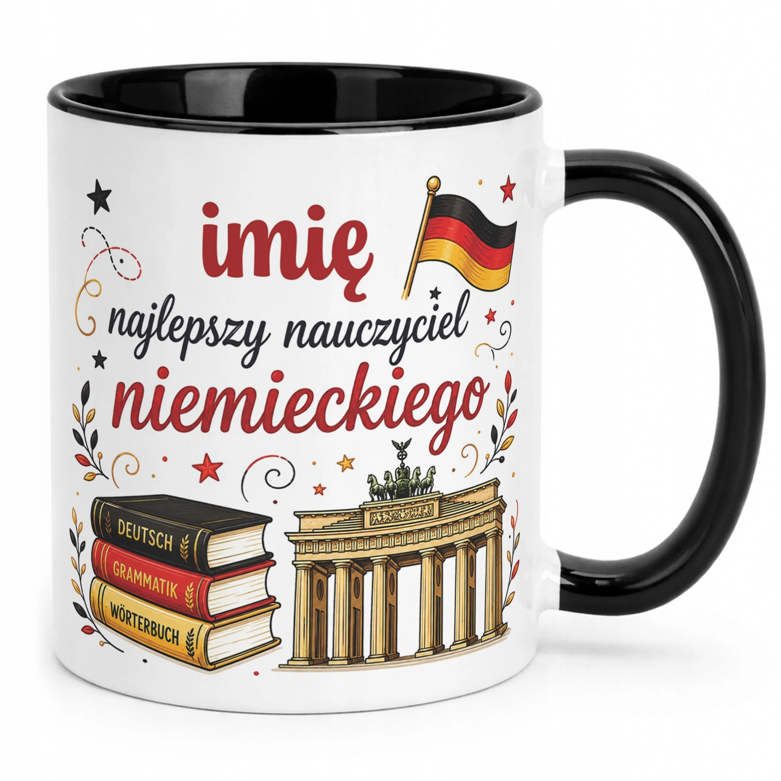 Kubek Czarny z Imieniem Dzień Nauczyciela Niemiecki Prezent