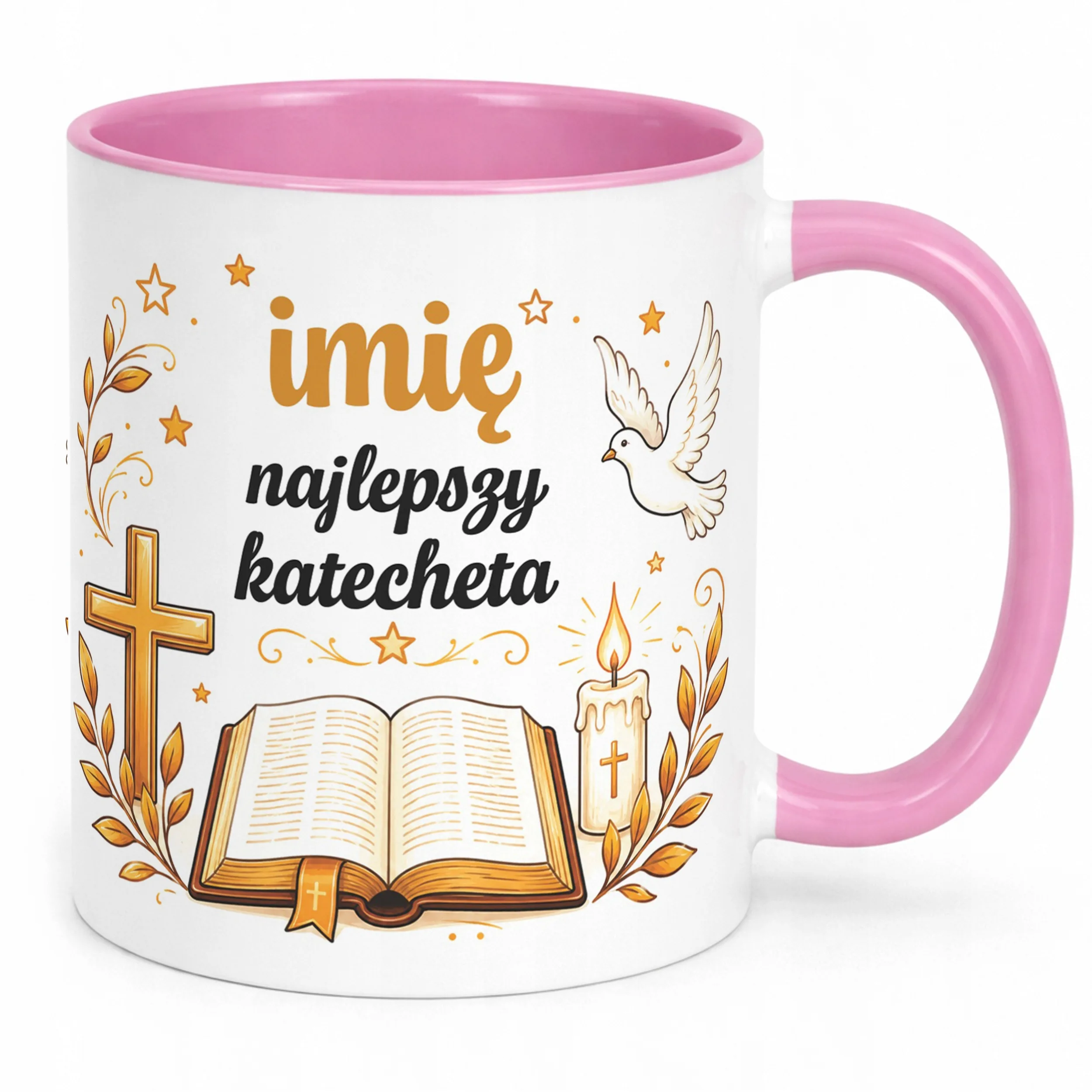 Kubek Różowy z Imieniem Dzień Nauczyciela Dla Katechety Prezent