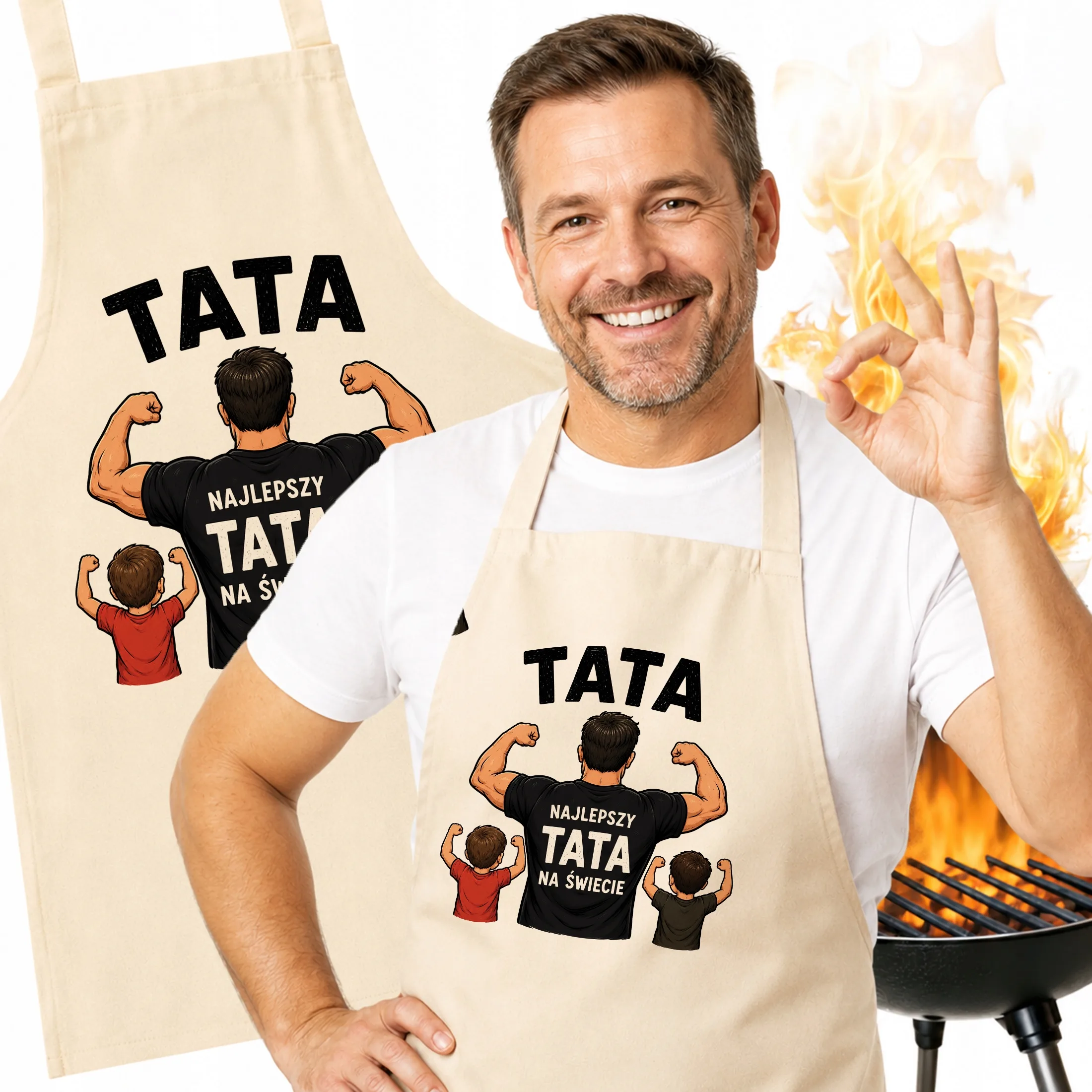 Prezent na Dzień Ojca fartuch ecru dla taty upominek od serca dla taty