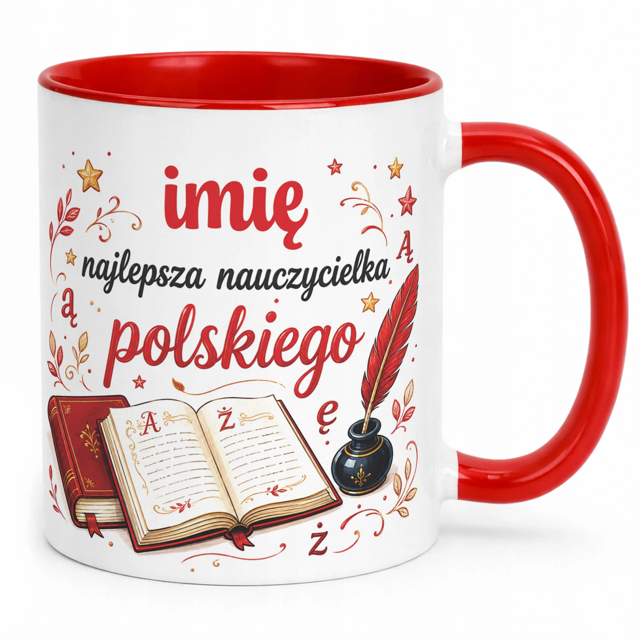 Kubek Czerwony z Imieniem Dzień Nauczyciela Język Polski Prezent