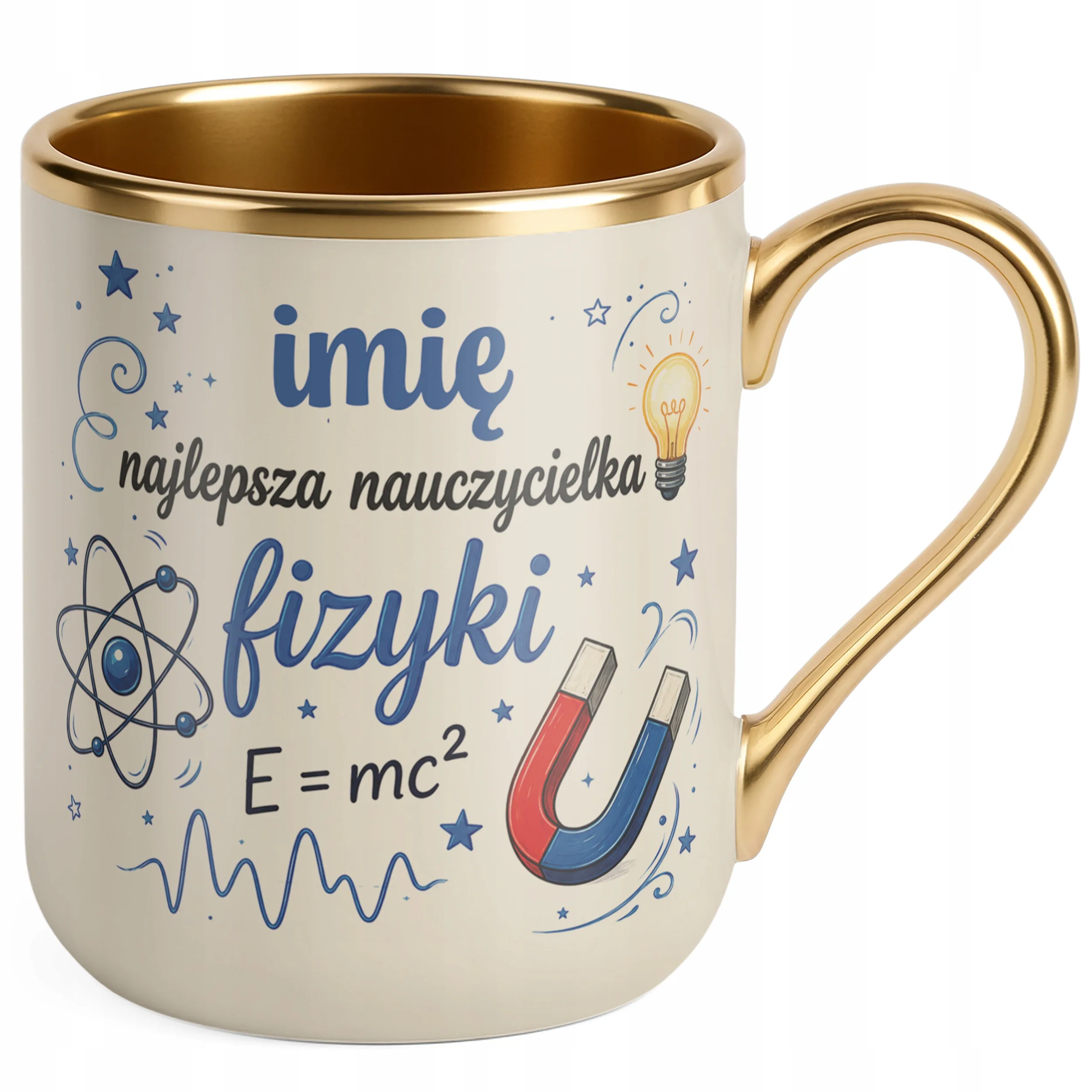 Kubek Premium Złoty Ecru z Imieniem Dzień Nauczyciela Fizyka Prezent