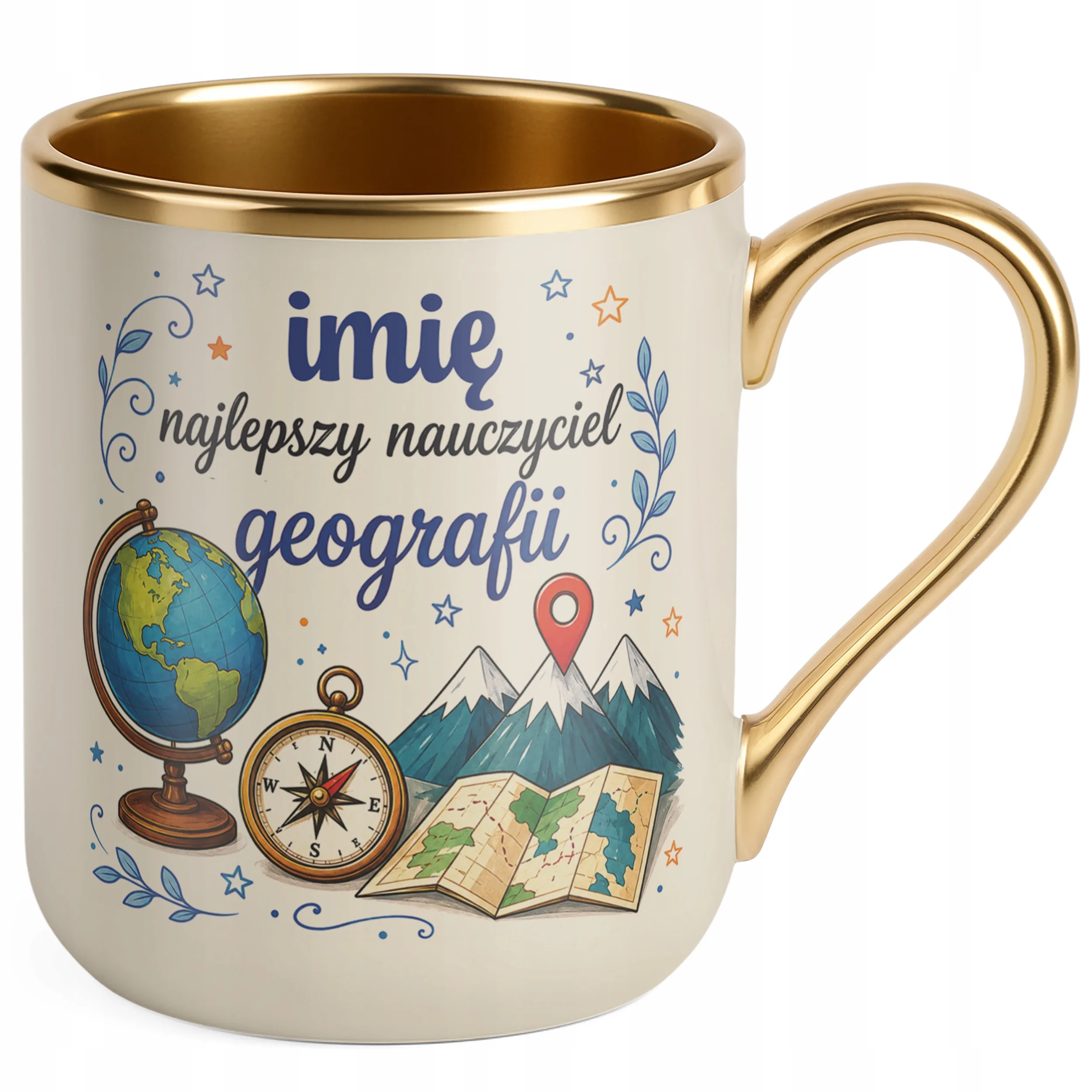 Kubek Premium Złoty Ecru z Imieniem Dzień Nauczyciela Geografia Prezent
