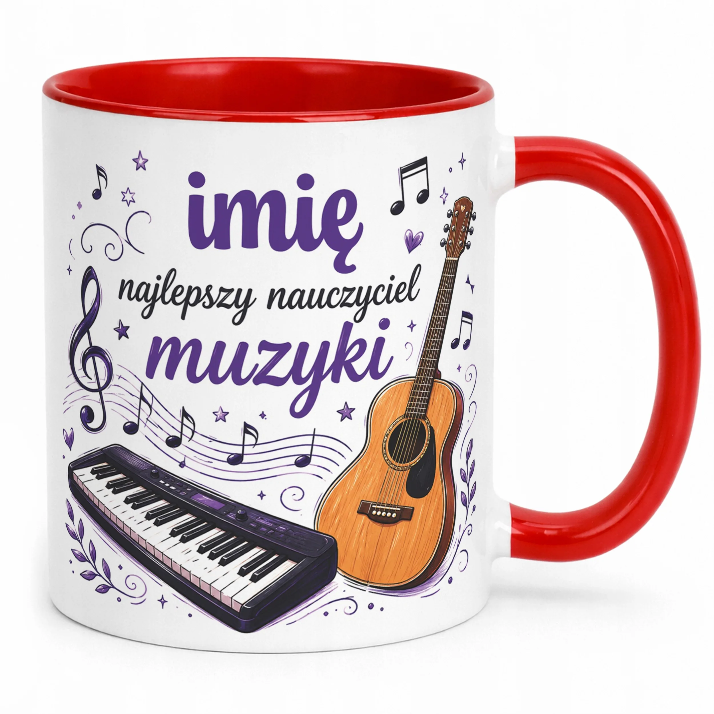 Kubek Czerwony z Imieniem Dzień Nauczyciela Muzyka Prezent