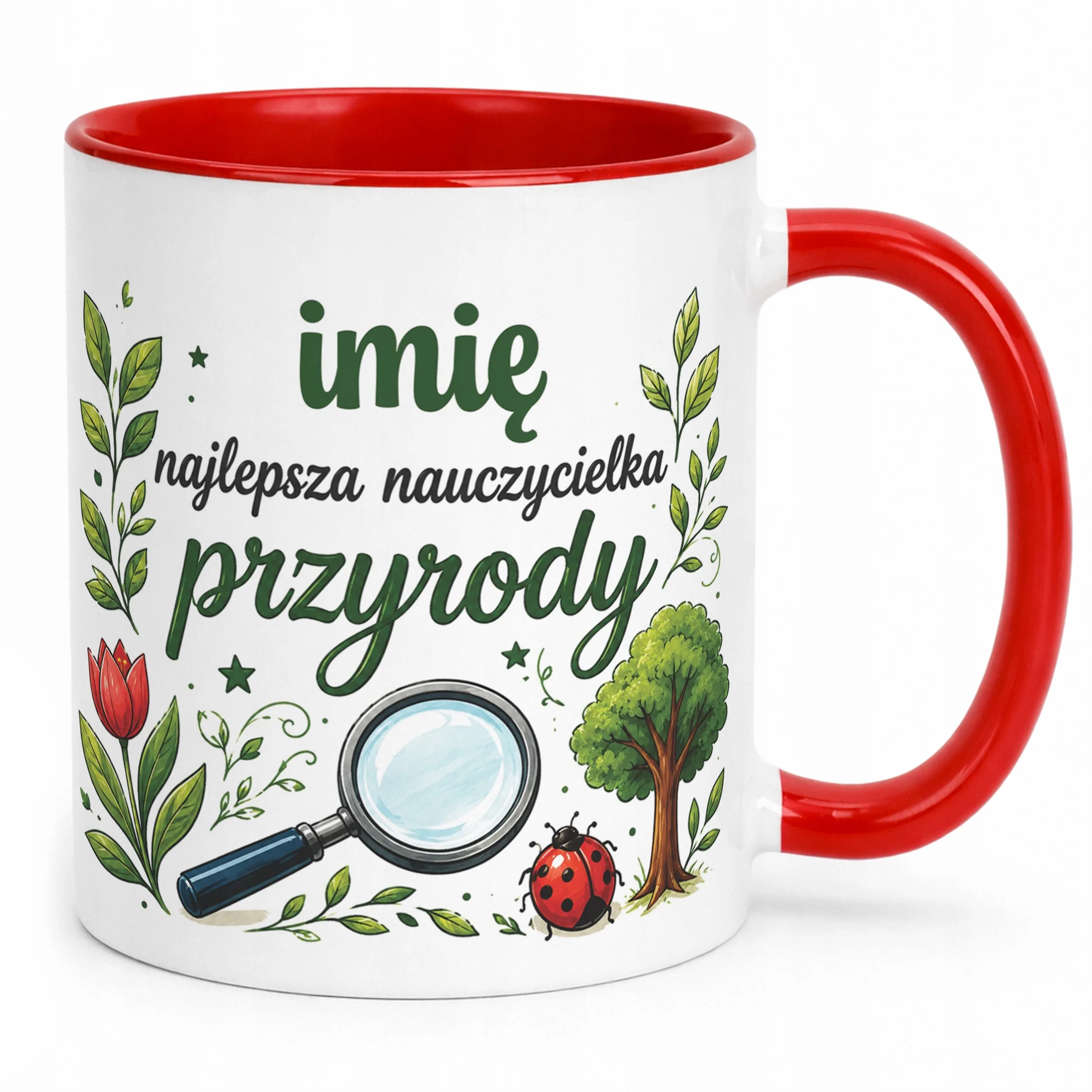 Kubek Czerwony z Imieniem Dzień Nauczyciela Przyroda Prezent