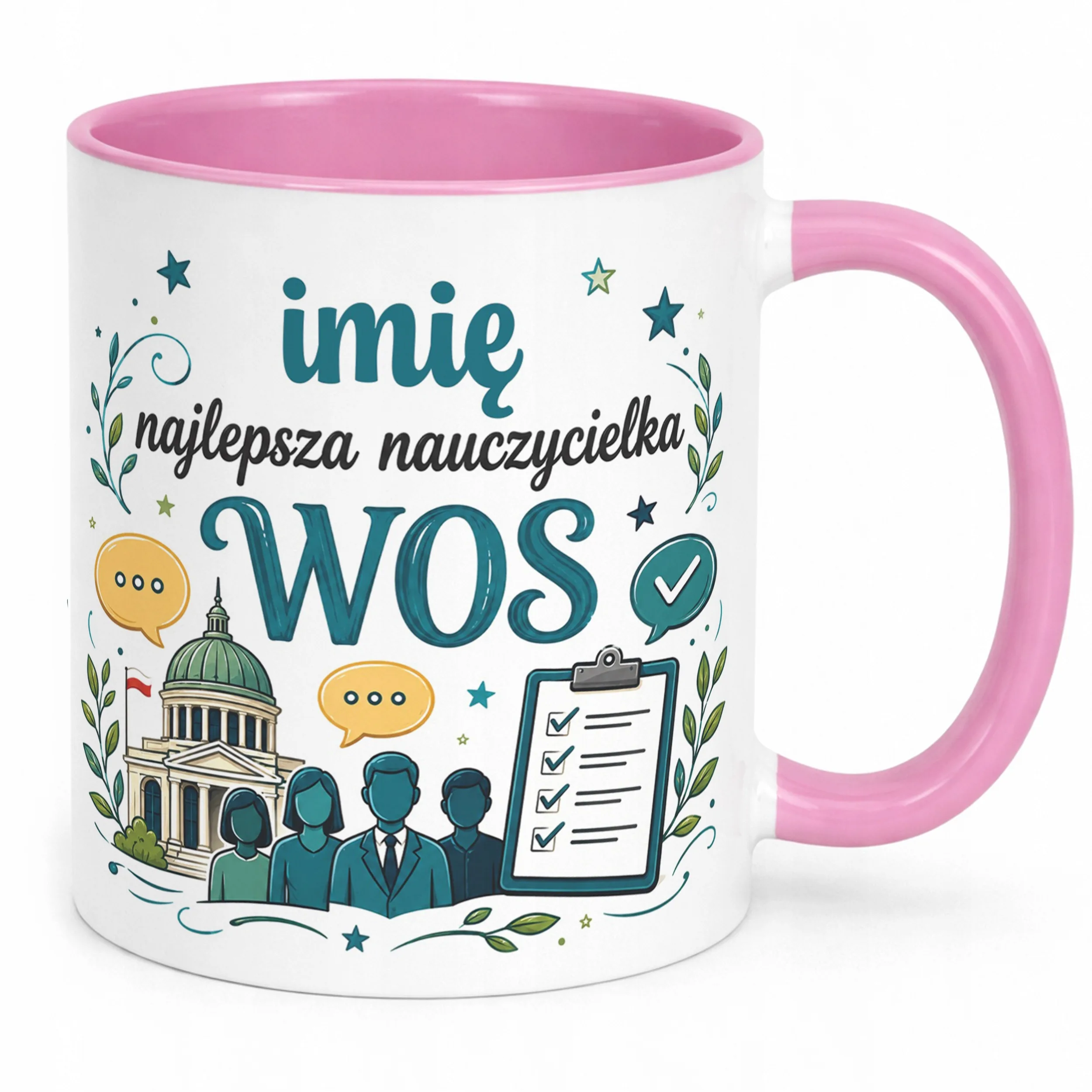 Kubek Różowy z Imieniem Dzień Nauczyciela WOS Prezent