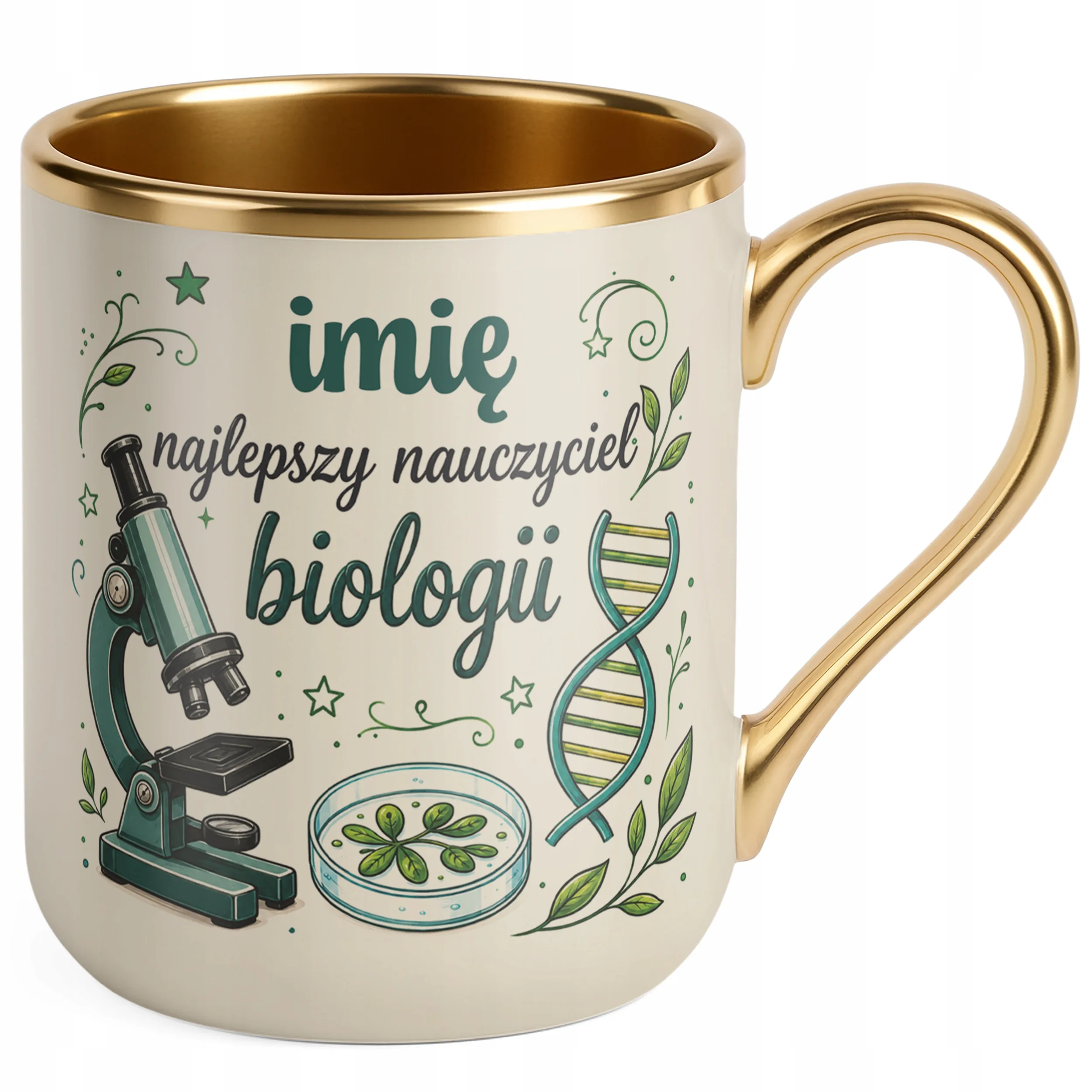 Kubek Premium Złoty Ecru z Imieniem Dzień Nauczyciela Biologia Prezent