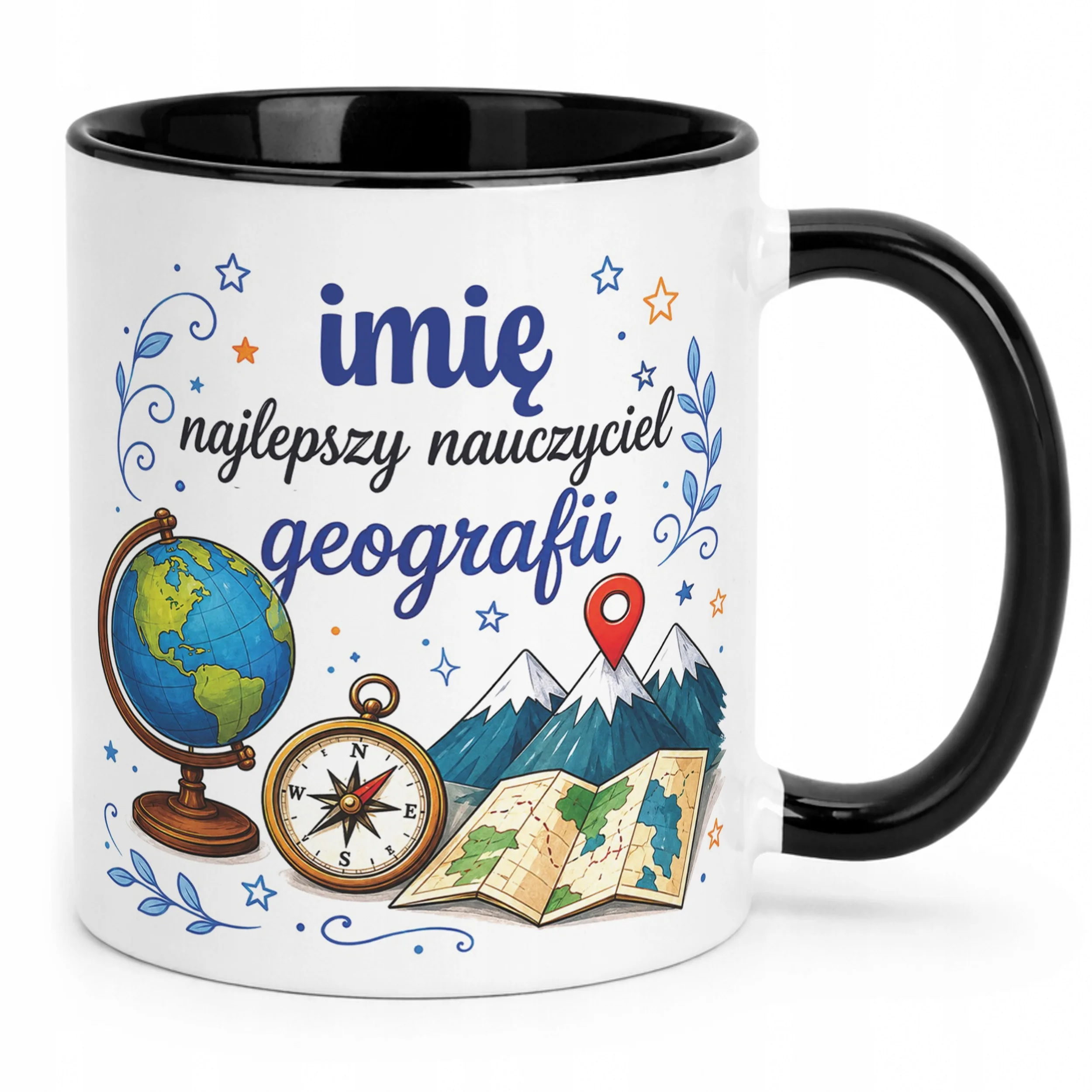 Kubek Czarny z Imieniem Dzień Nauczyciela Geografia Prezent