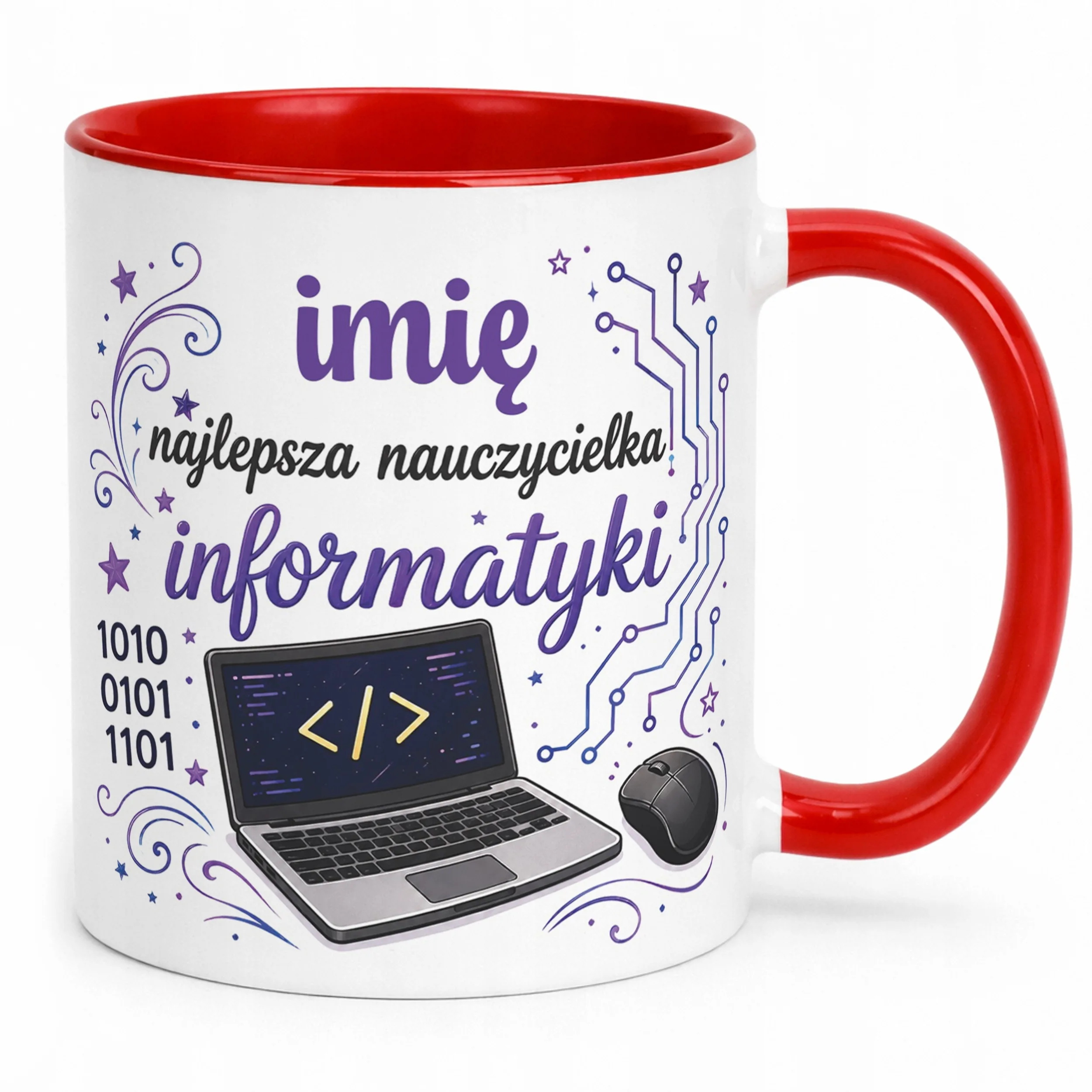 Kubek Czerwony z Imieniem Dzień Nauczyciela Informatyka Prezent