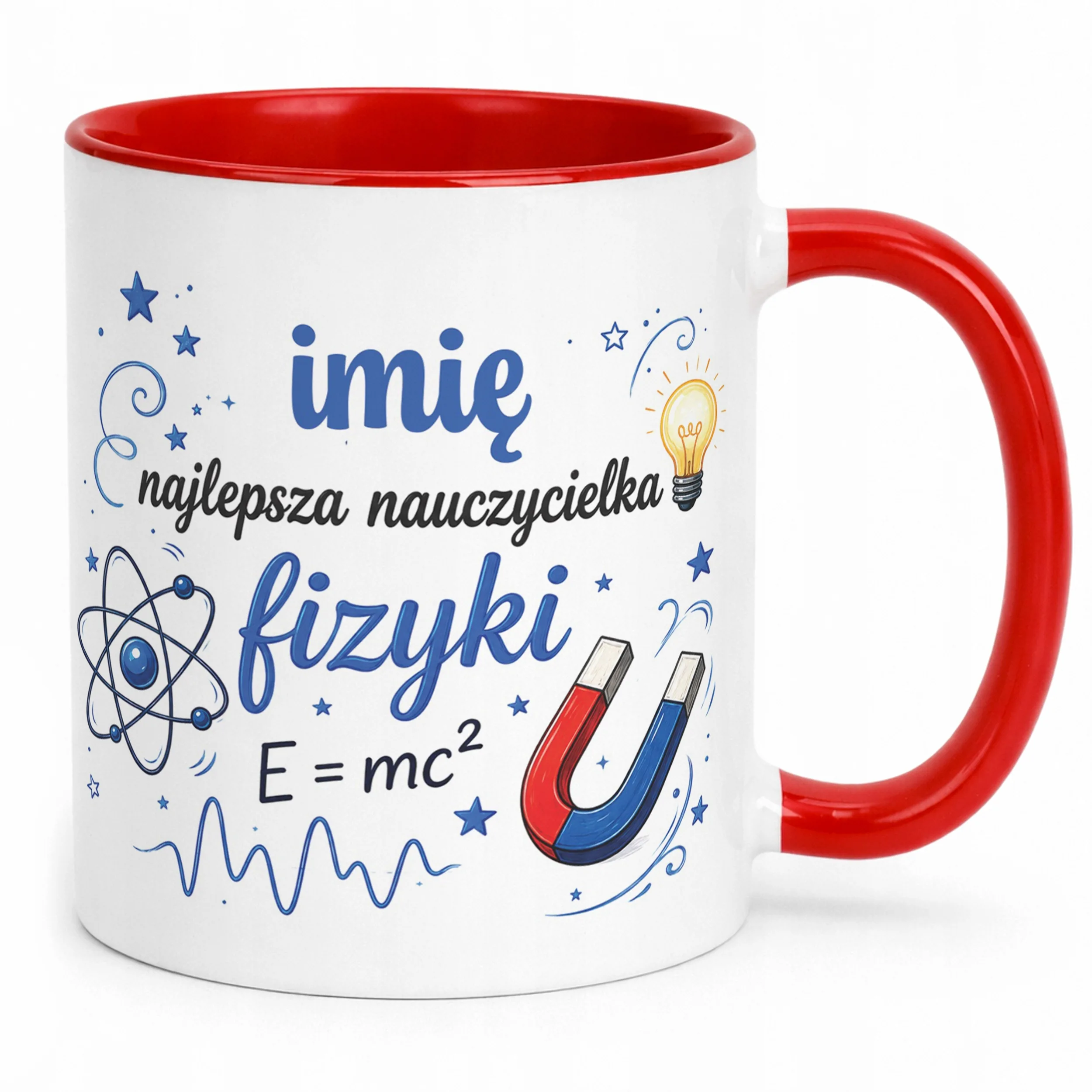 Kubek Czerwony z Imieniem Dzień Nauczyciela Fizyka Prezent
