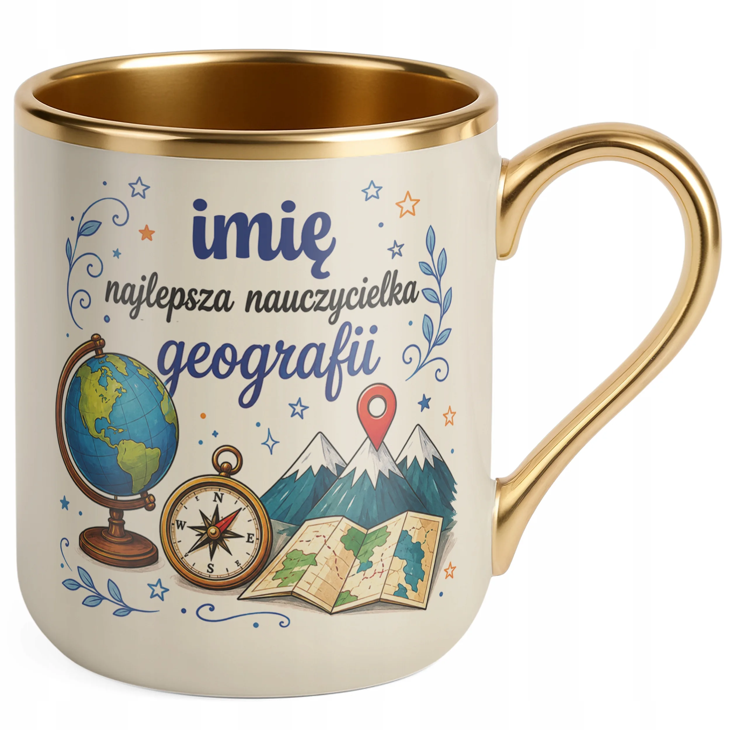 Kubek Premium Złoty Ecru z Imieniem Dzień Nauczyciela Geografia Prezent