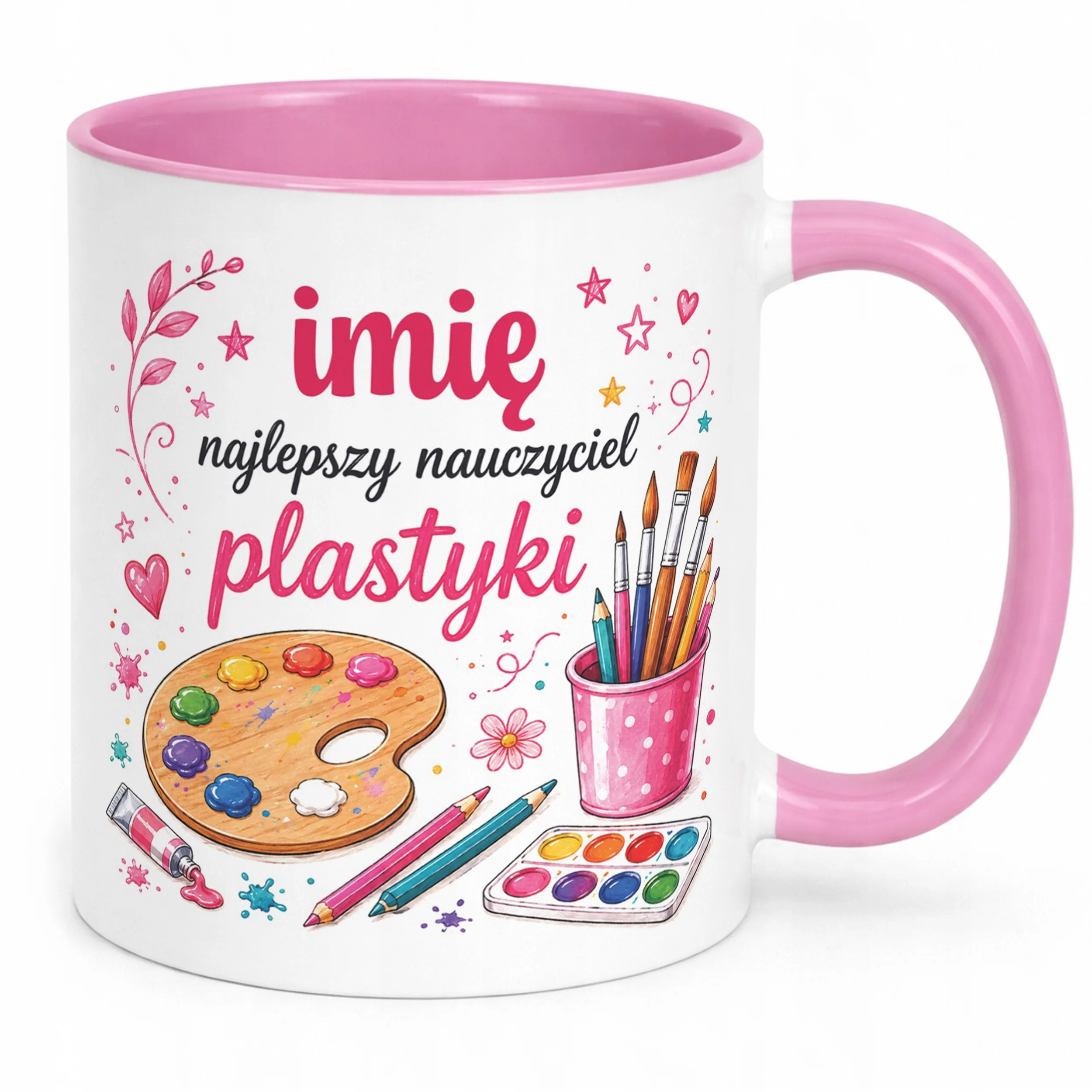 Kubek Różowy z Imieniem Dzień Nauczyciela Plastyka Prezent