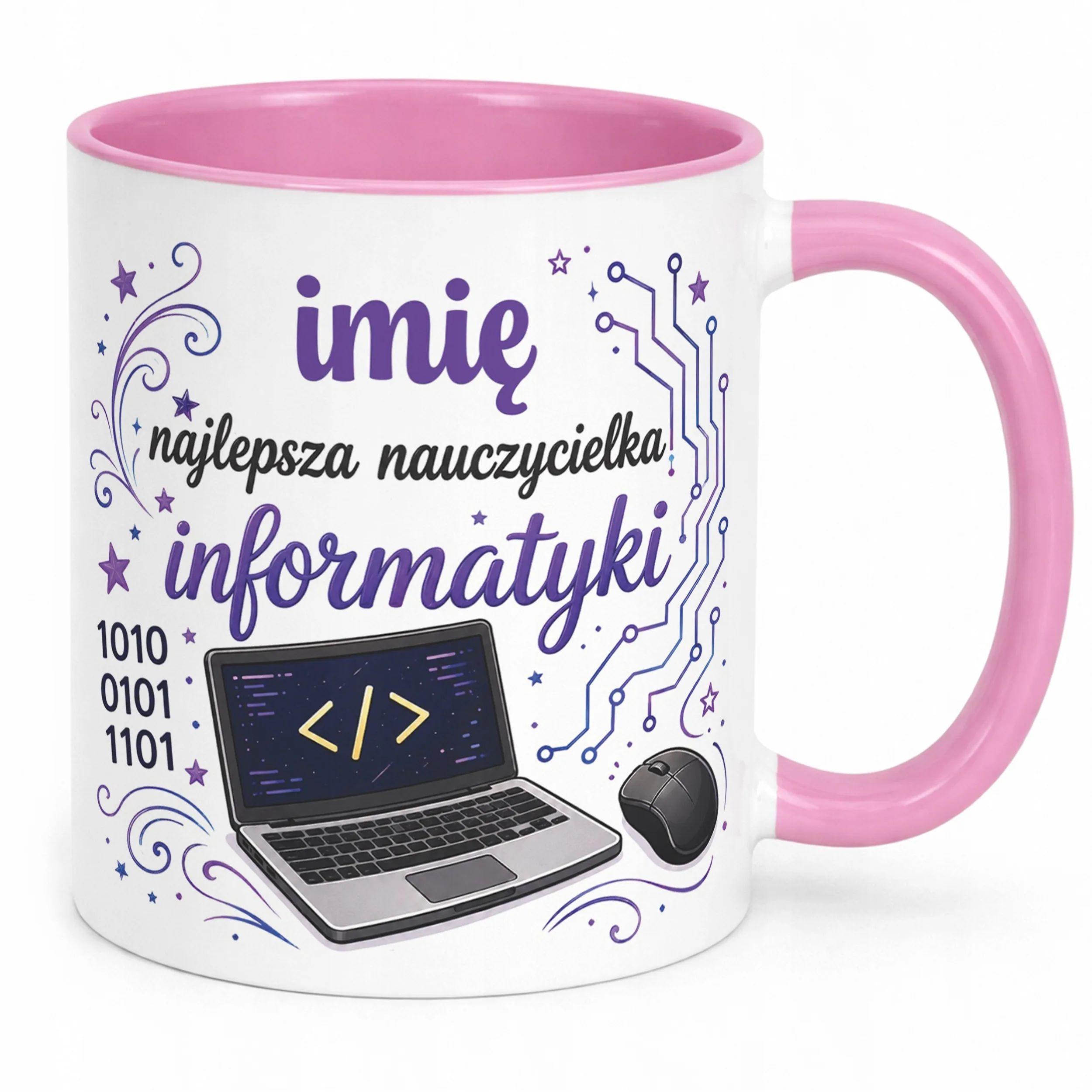 Kubek Różowy z Imieniem Dzień Nauczyciela Informatyka Prezent