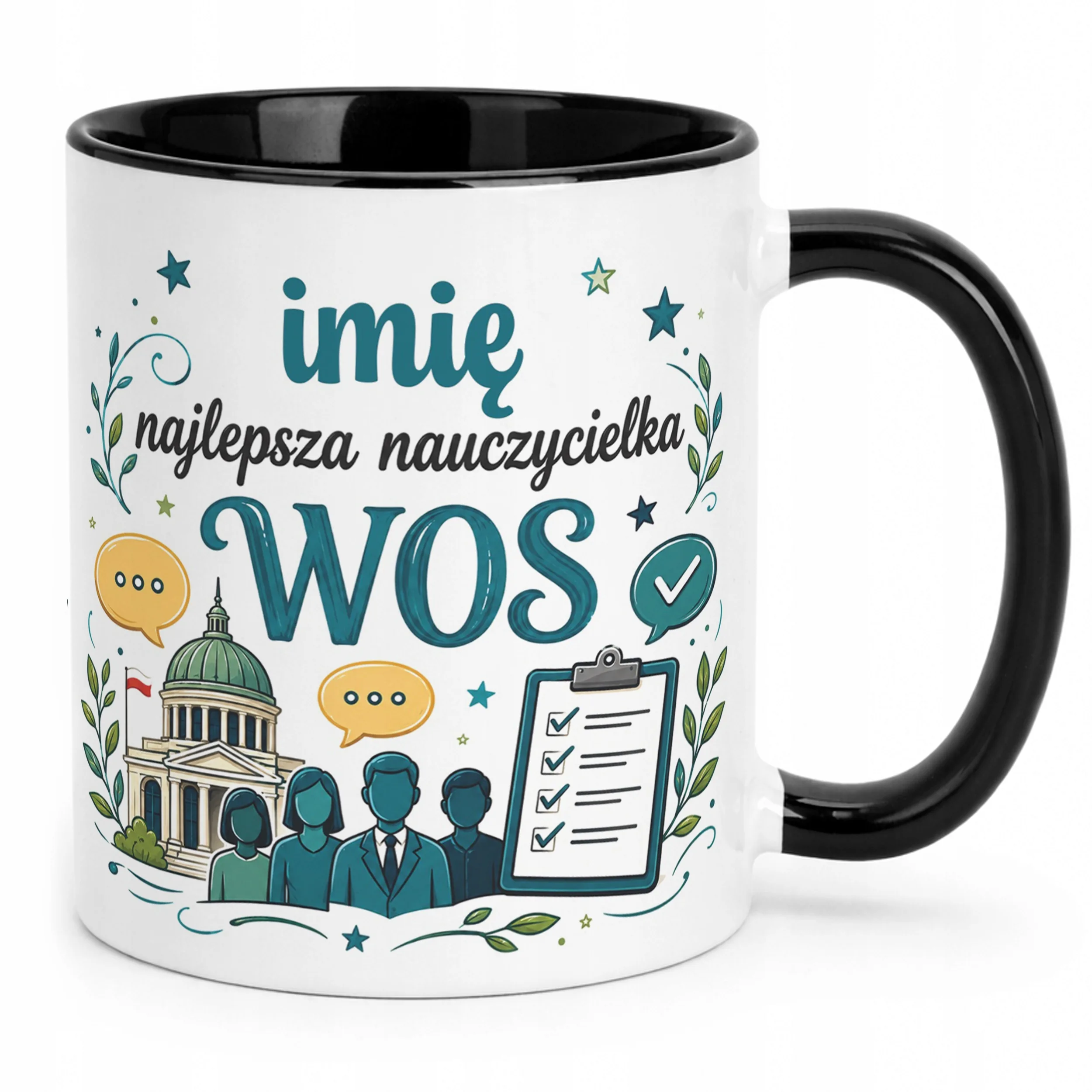 Kubek Czarny z Imieniem Dzień Nauczyciela WOS Prezent