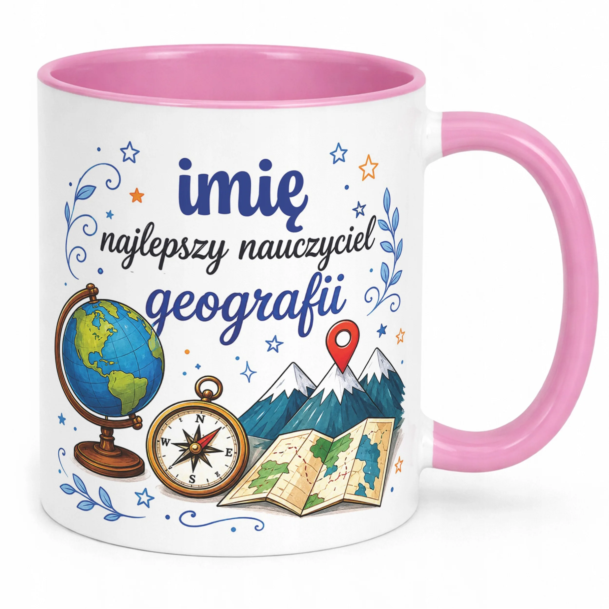 Kubek Różowy z Imieniem Dzień Nauczyciela Geografia Prezent