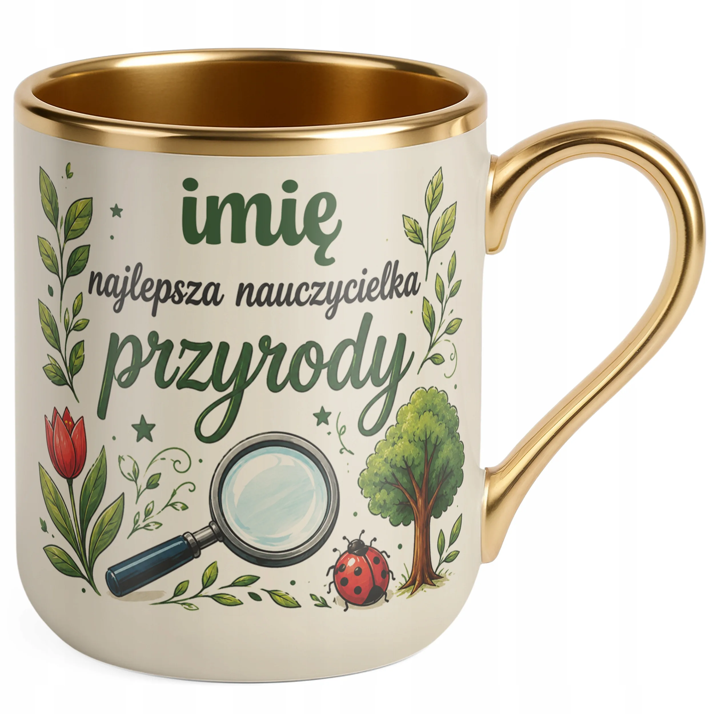 Kubek Premium Złoty Ecru z Imieniem Dzień Nauczyciela Przyroda Prezent