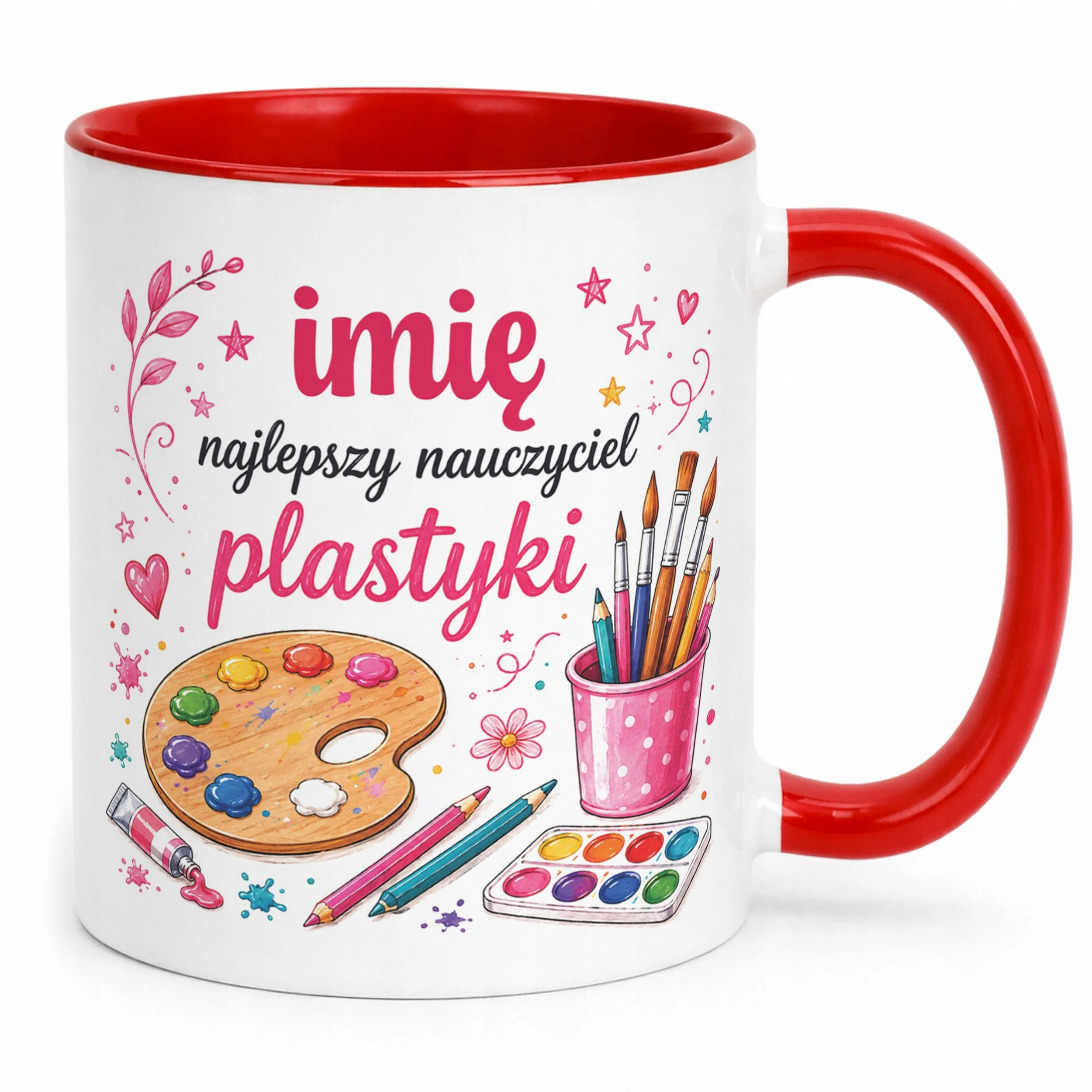 Kubek Czerwony z Imieniem Dzień Nauczyciela Plastyka Prezent