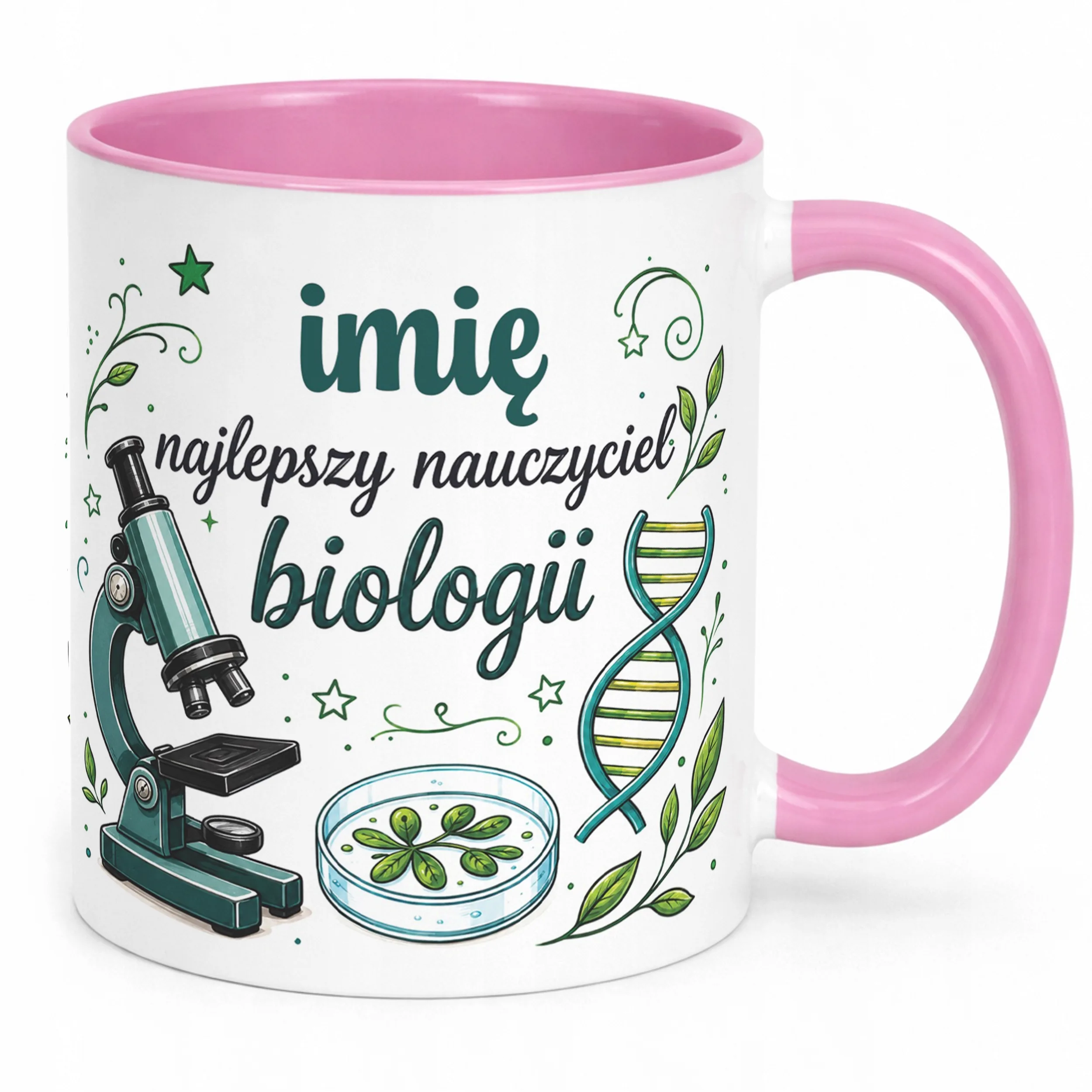 Kubek Różowy z Imieniem Dzień Nauczyciela Biologia Prezent