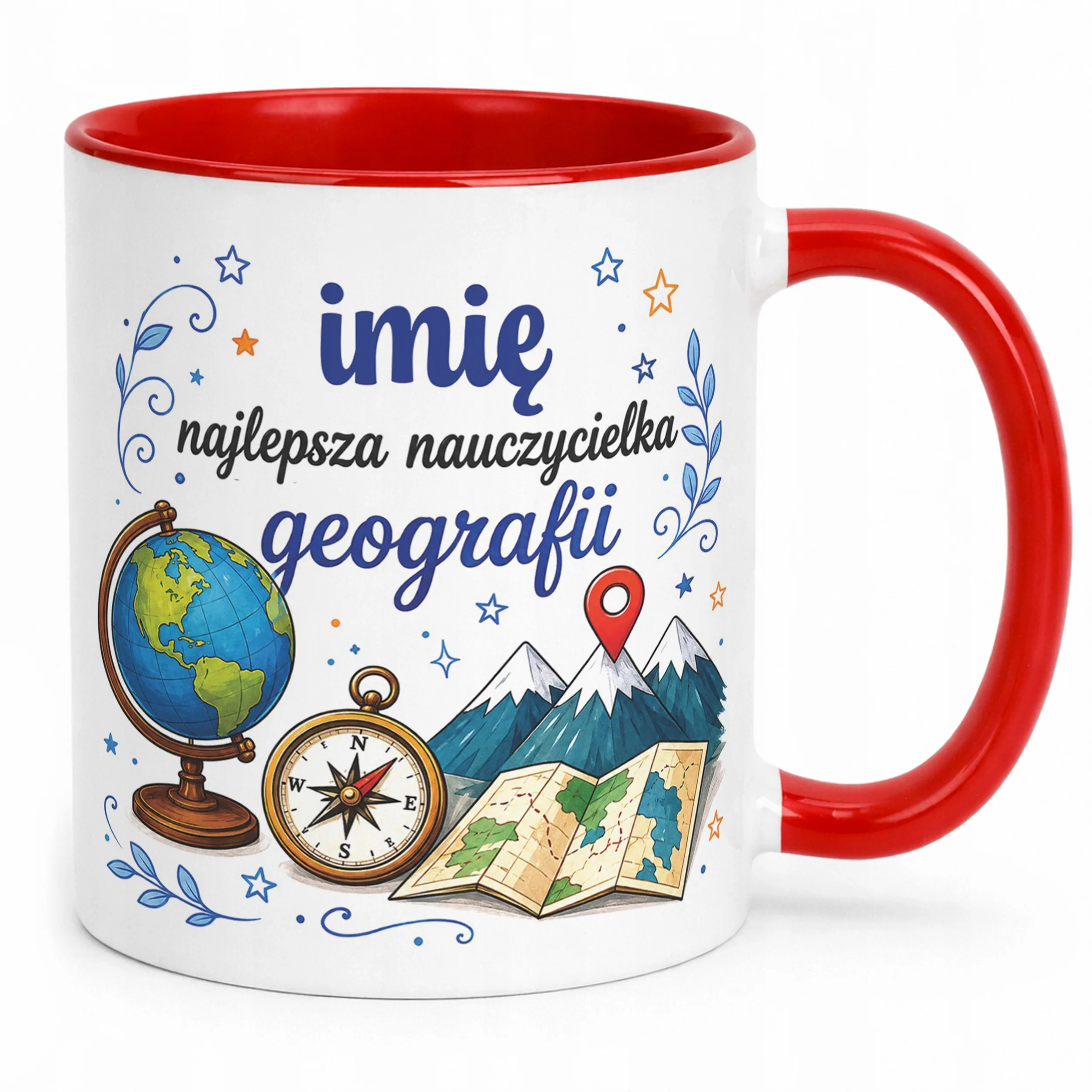 Kubek Czerwony z Imieniem Dzień Nauczyciela Geografia Prezent