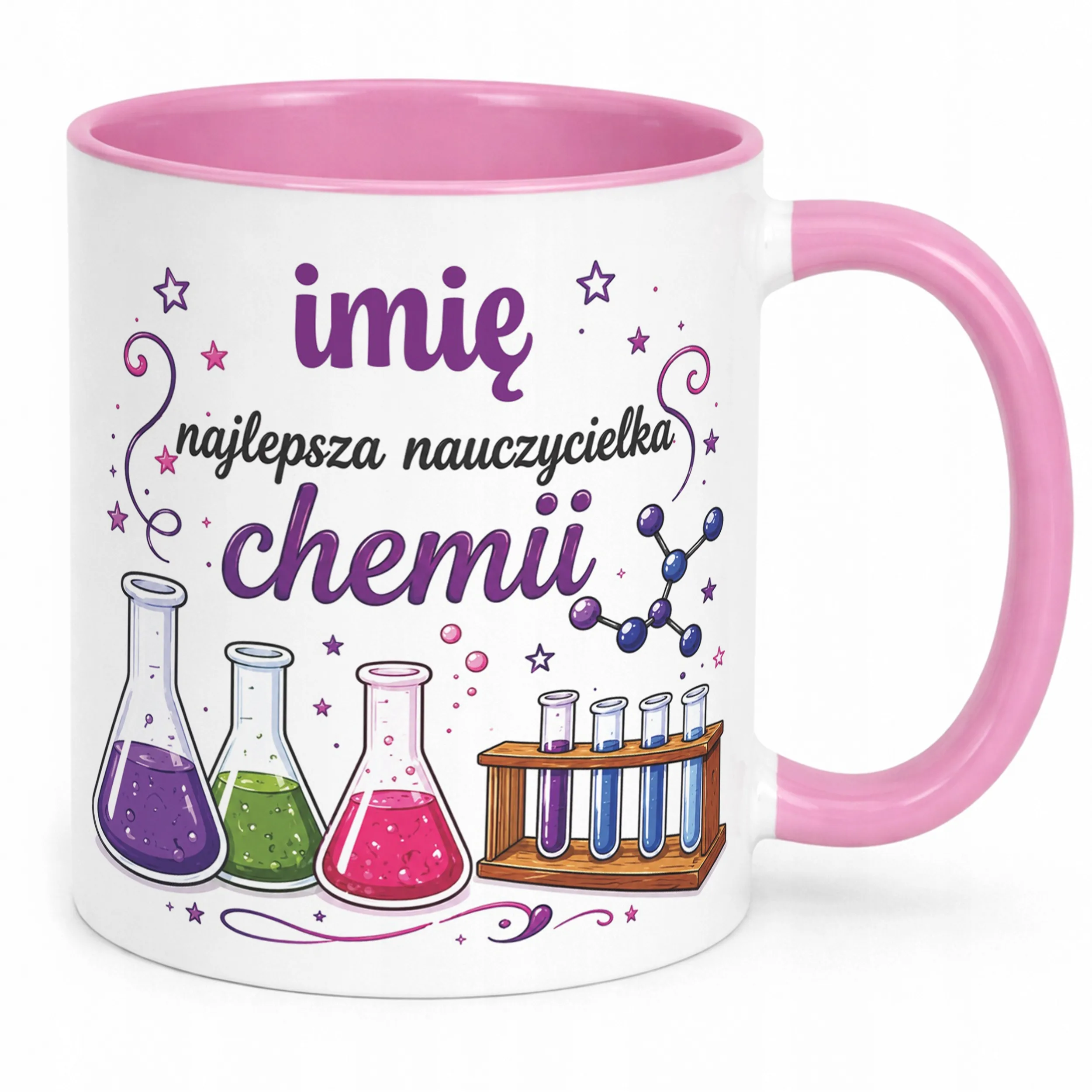 Kubek Różowy z Imieniem Dzień Nauczyciela Chemia Prezent