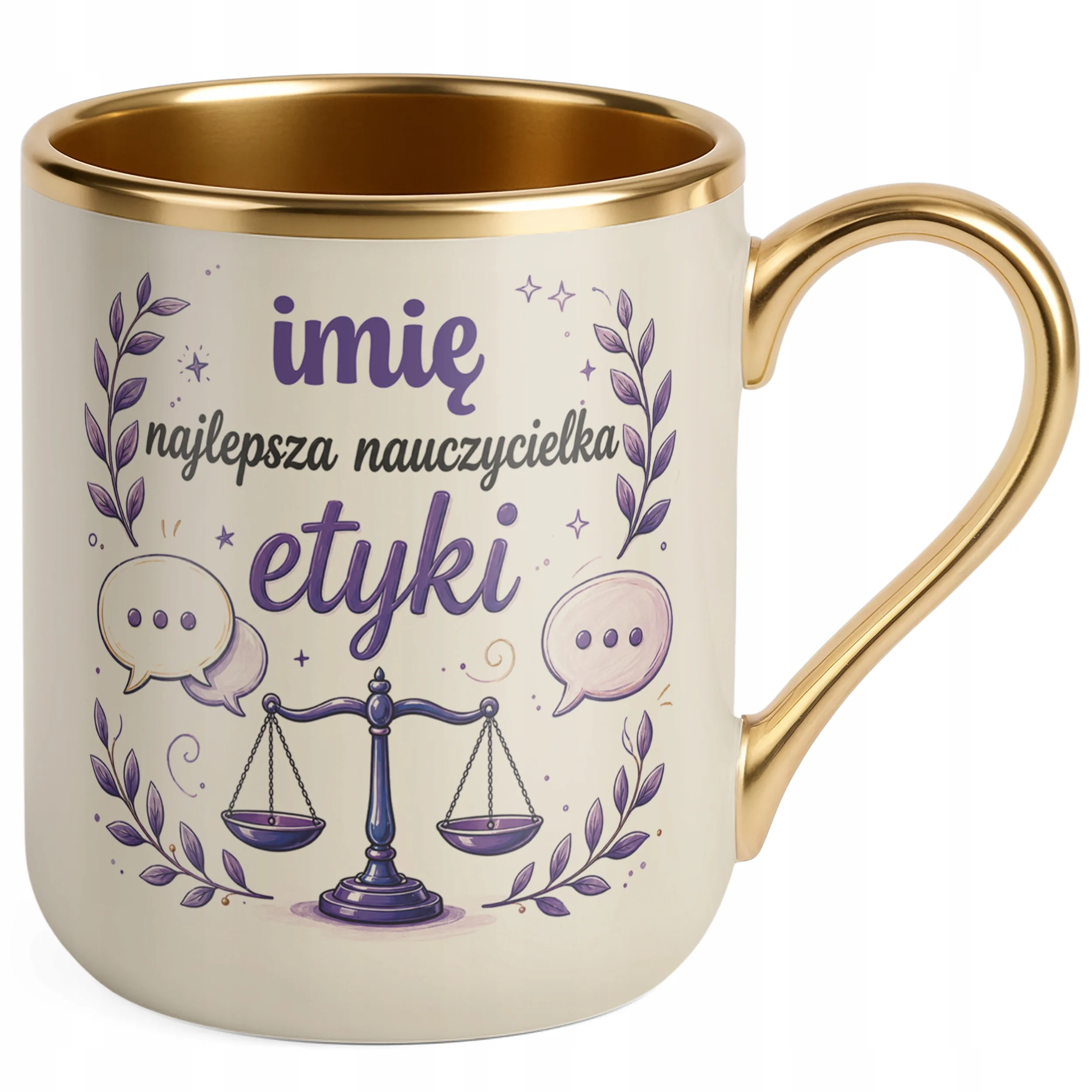 Kubek Premium Złoty Ecru z Imieniem Dzień Nauczyciela Etyka Prezent