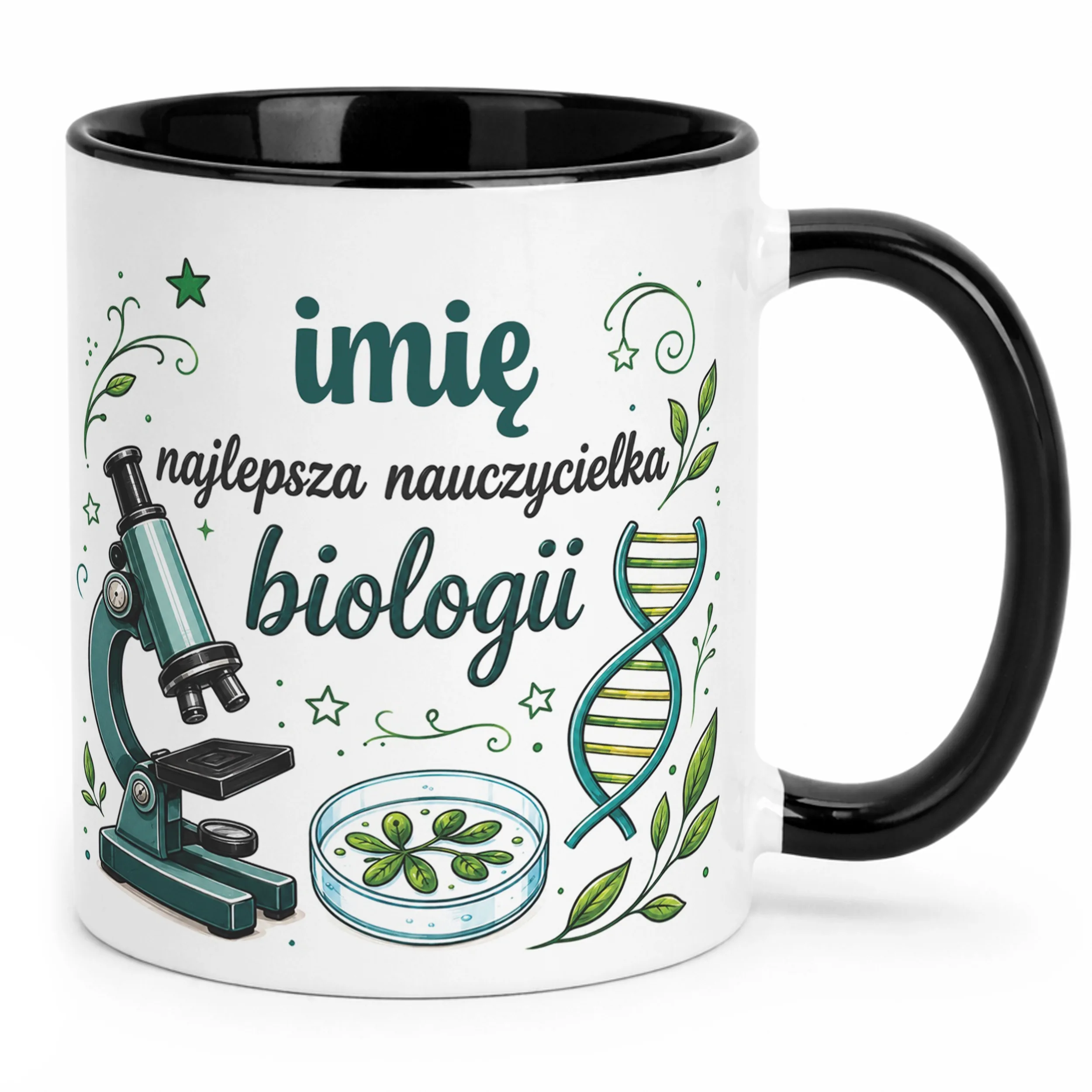 Kubek Czarny z Imieniem Dzień Nauczyciela Biologia Prezent