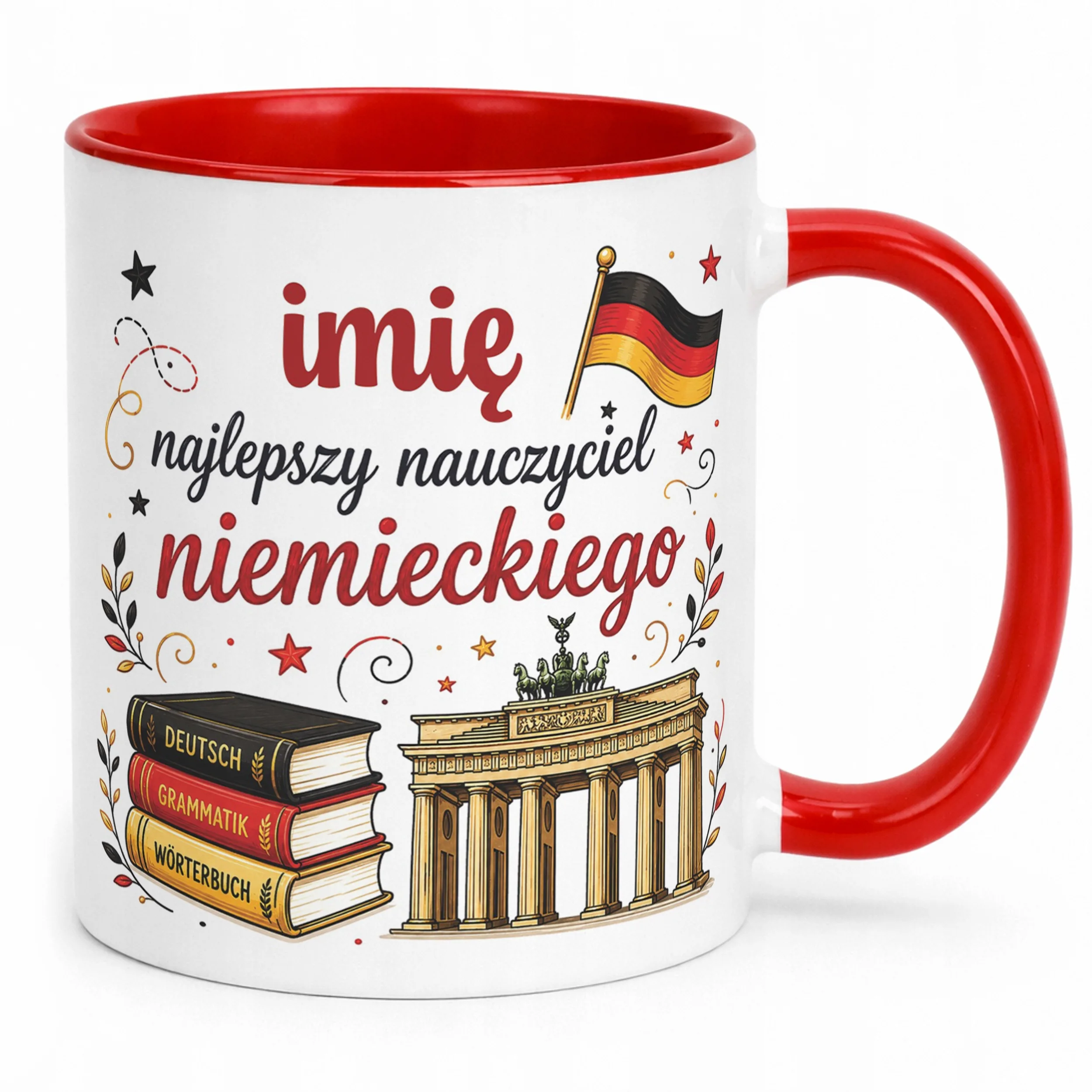 Kubek Czerwony z Imieniem Dzień Nauczyciela Niemiecki Prezent