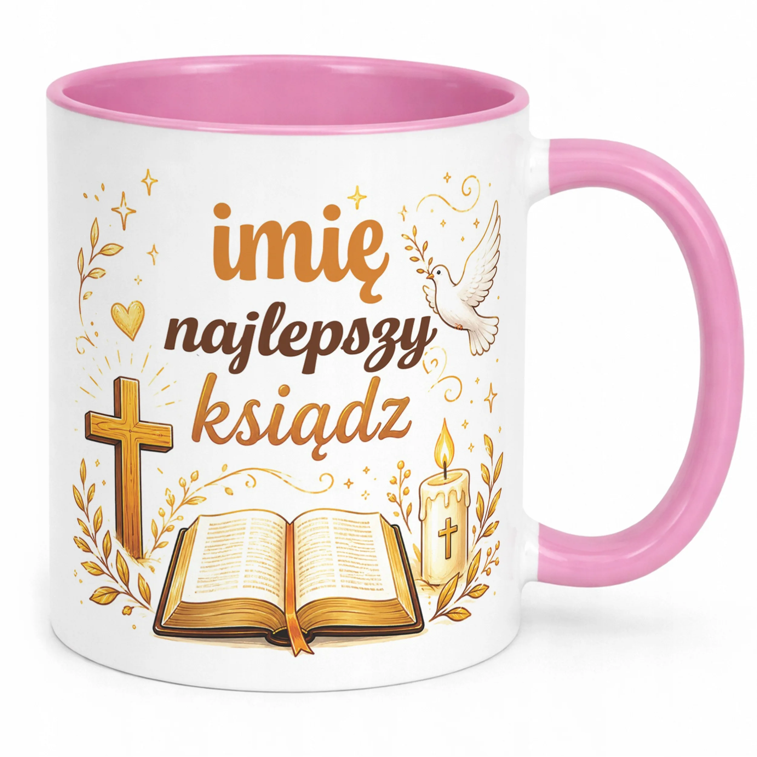 Kubek Różowy z Imieniem Dzień Nauczyciela Dla Księdza Prezent