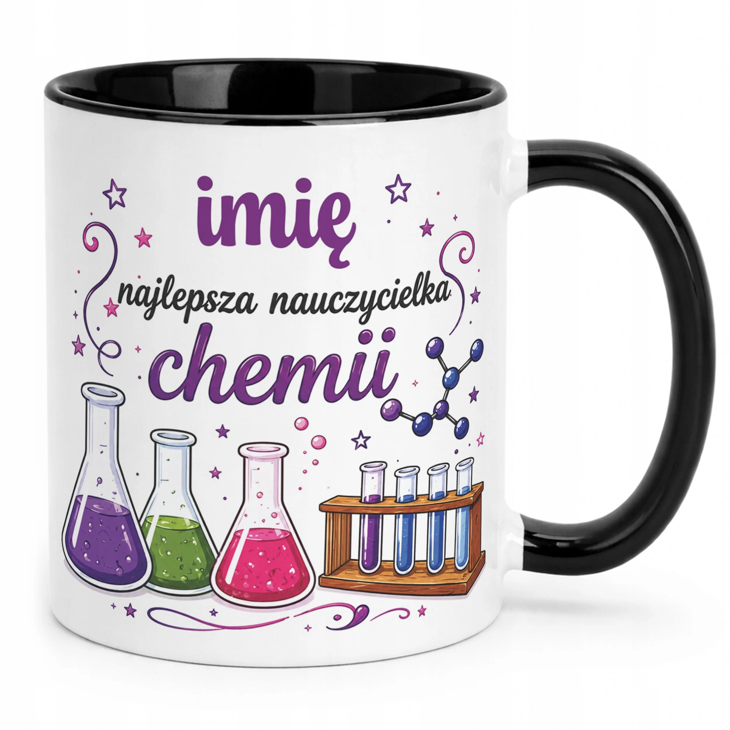 Kubek Czarny z Imieniem Dzień Nauczyciela Chemia Prezent