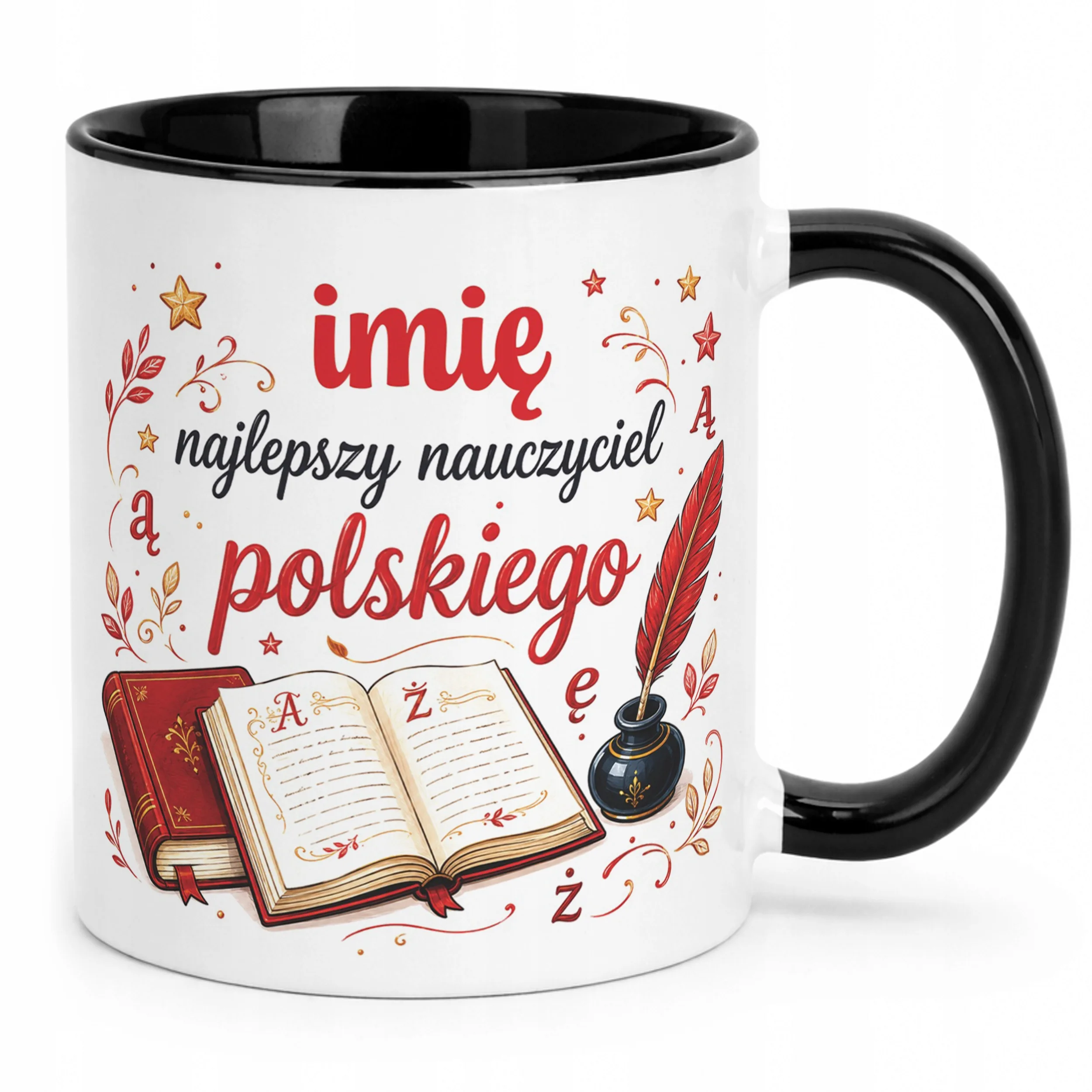 Kubek Czarny z Imieniem Dzień Nauczyciela Język Polski Prezent