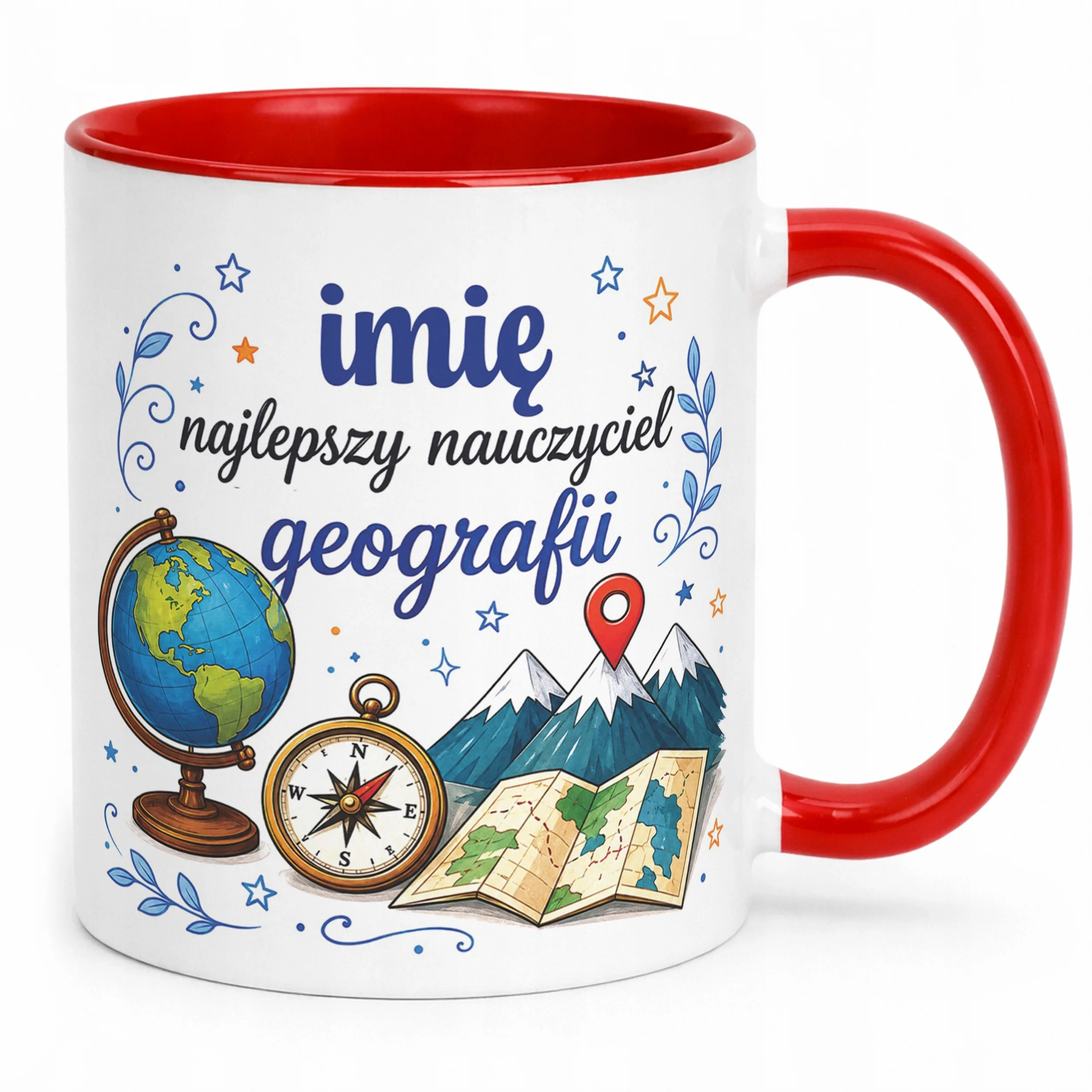 Kubek Czerwony z Imieniem Dzień Nauczyciela Geografia Prezent