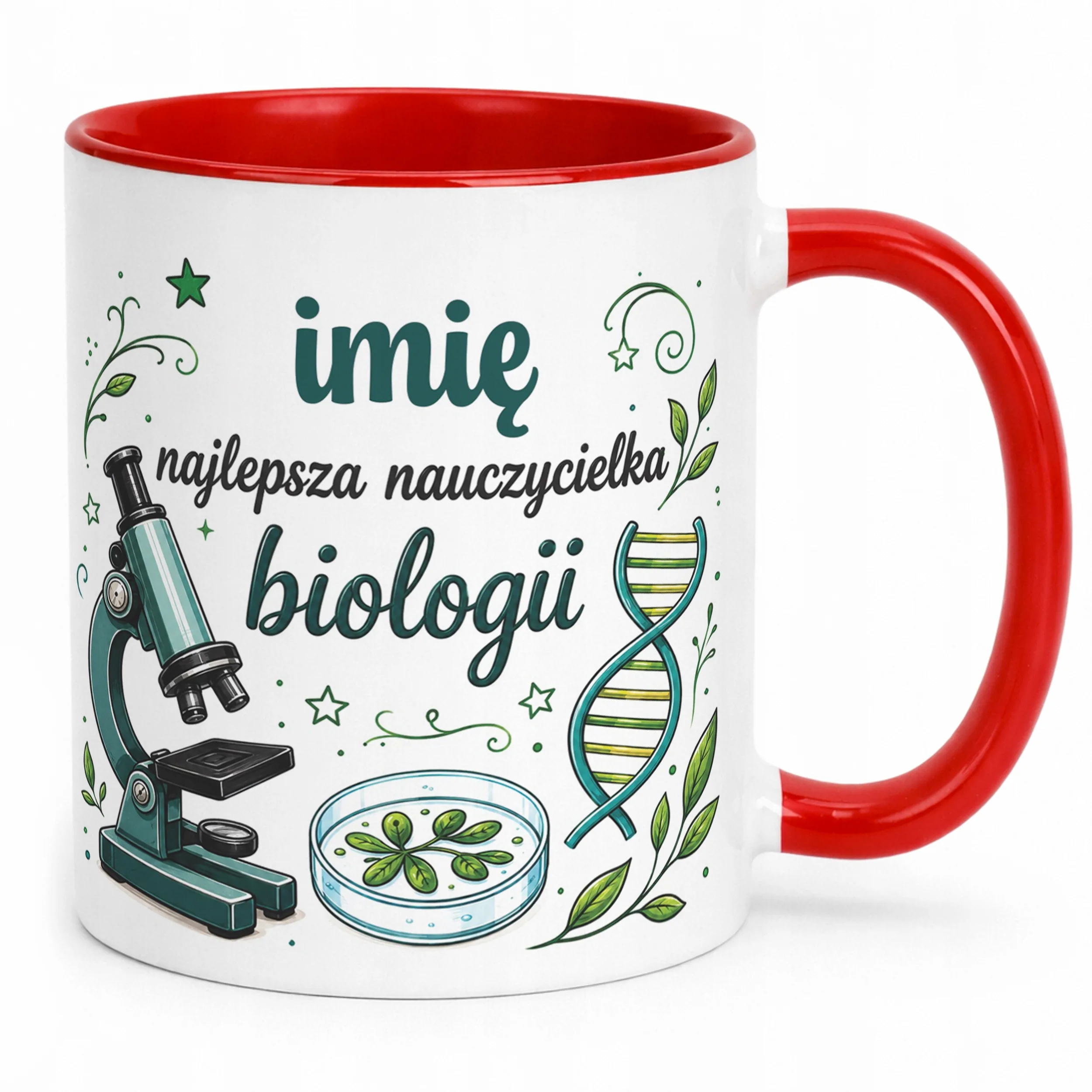 Kubek Czerwony z Imieniem Dzień Nauczyciela Biologia Prezent