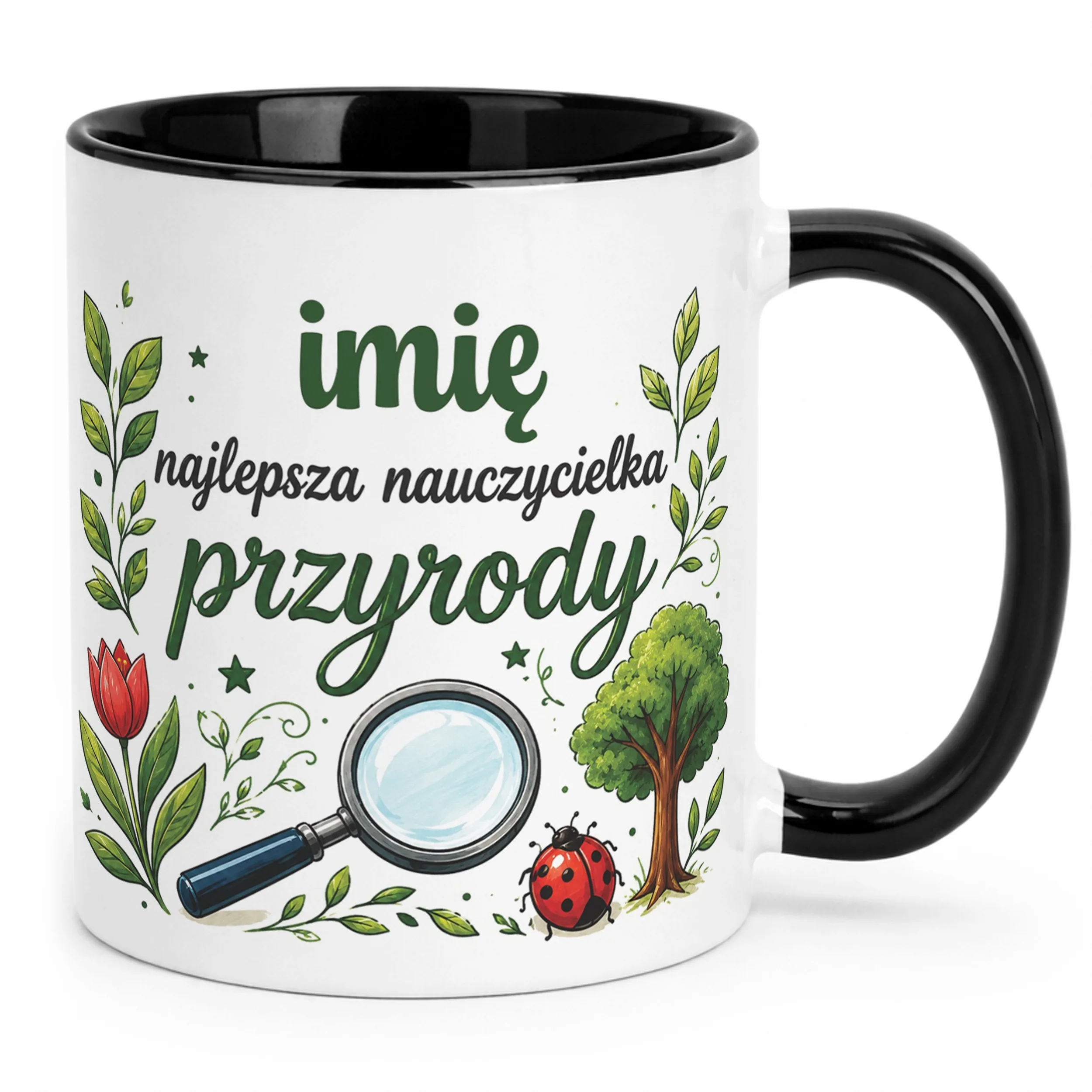 Kubek Czarny z Imieniem Dzień Nauczyciela Przyroda Prezent