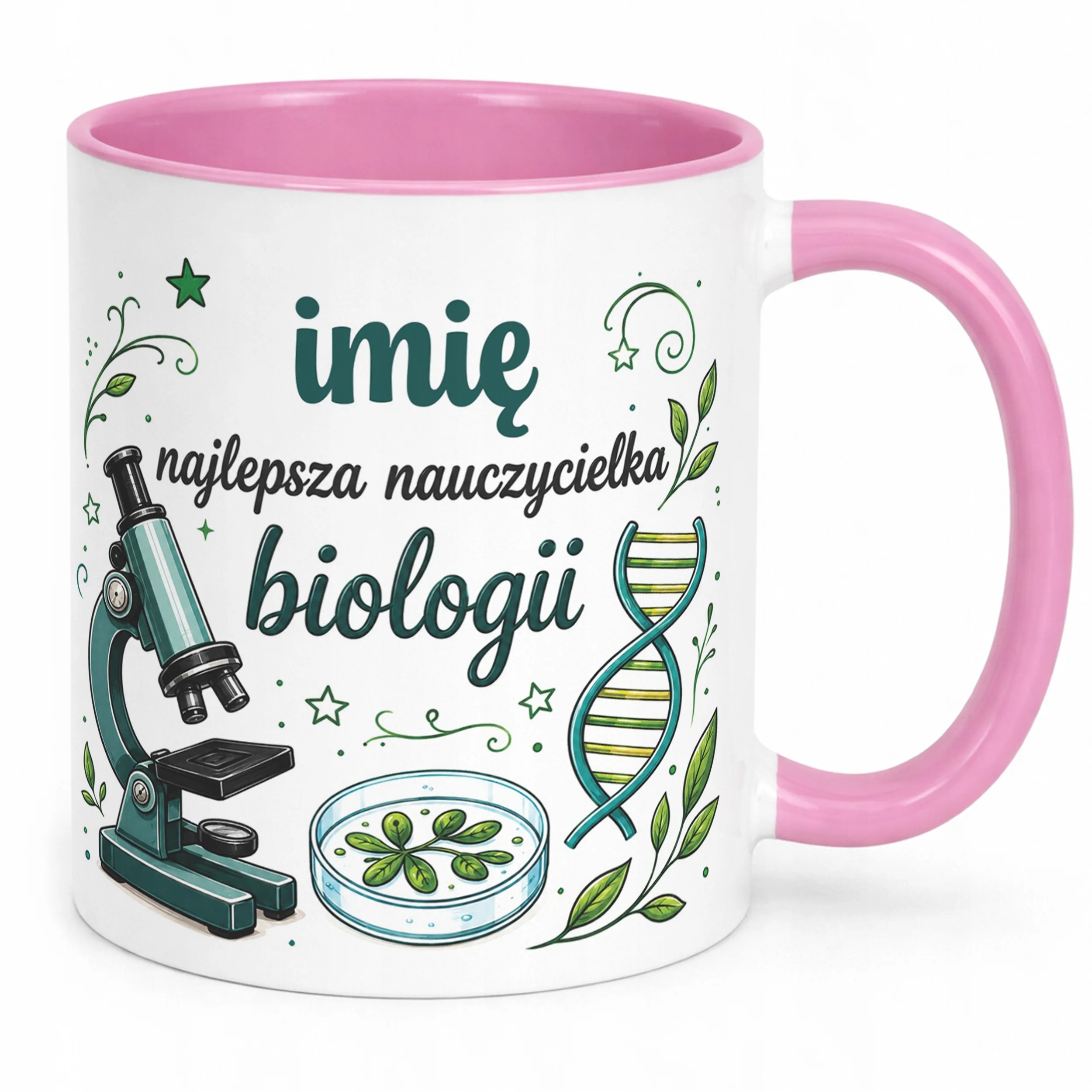 Kubek Różowy z Imieniem Dzień Nauczyciela Biologia Prezent