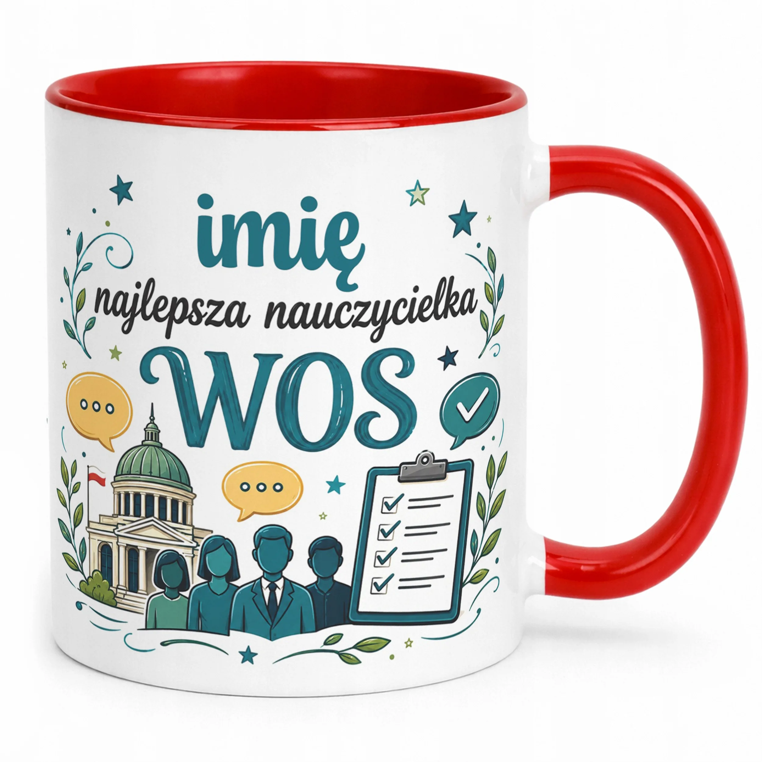 Kubek Czerwony z Imieniem Dzień Nauczyciela WOS Prezent