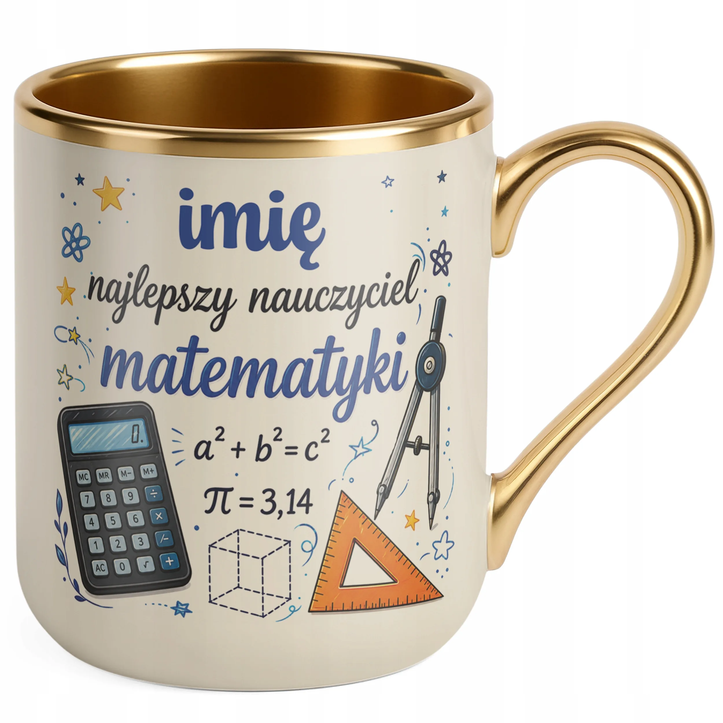 Kubek Premium Złoty Ecru z Imieniem Dzień Nauczyciela Matematyka Prezent