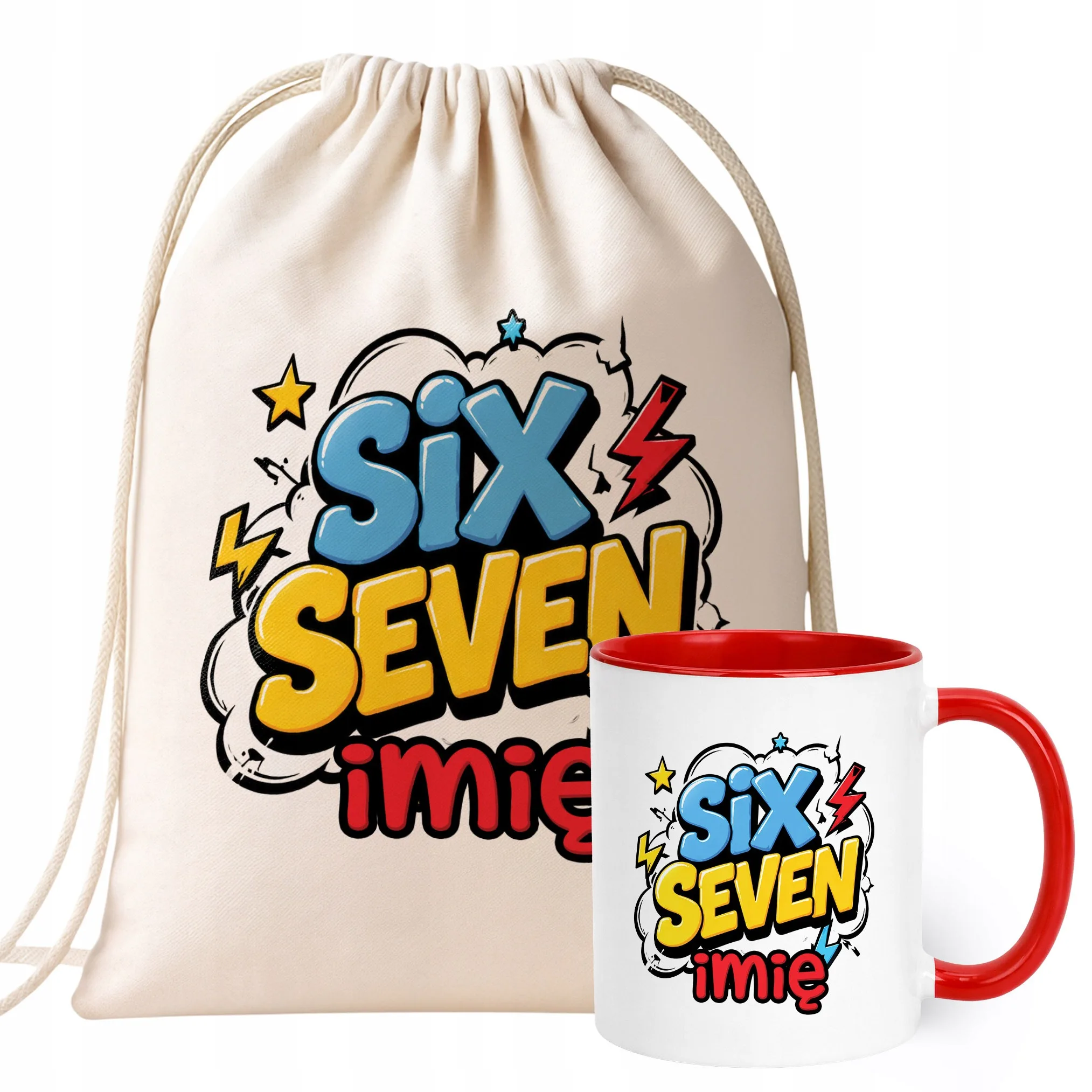 Zestaw Personalizowany Plecak Worek Kubek Czerwony 67 Six Seven Prezent