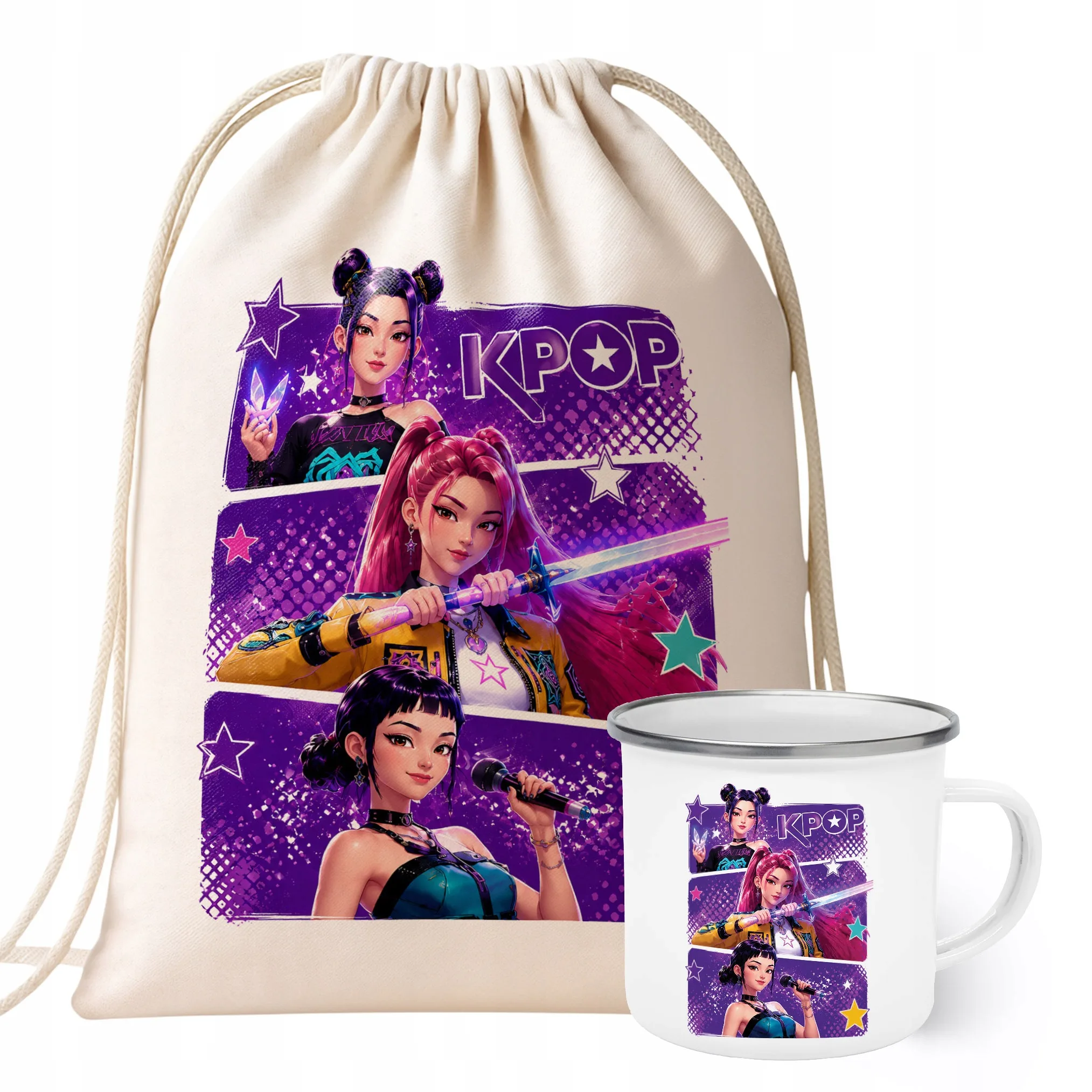 Zestaw Plecak Worek Kubek Emaliowany Z Nadrukiem ŁOWCZYNIE KPOP Prezent