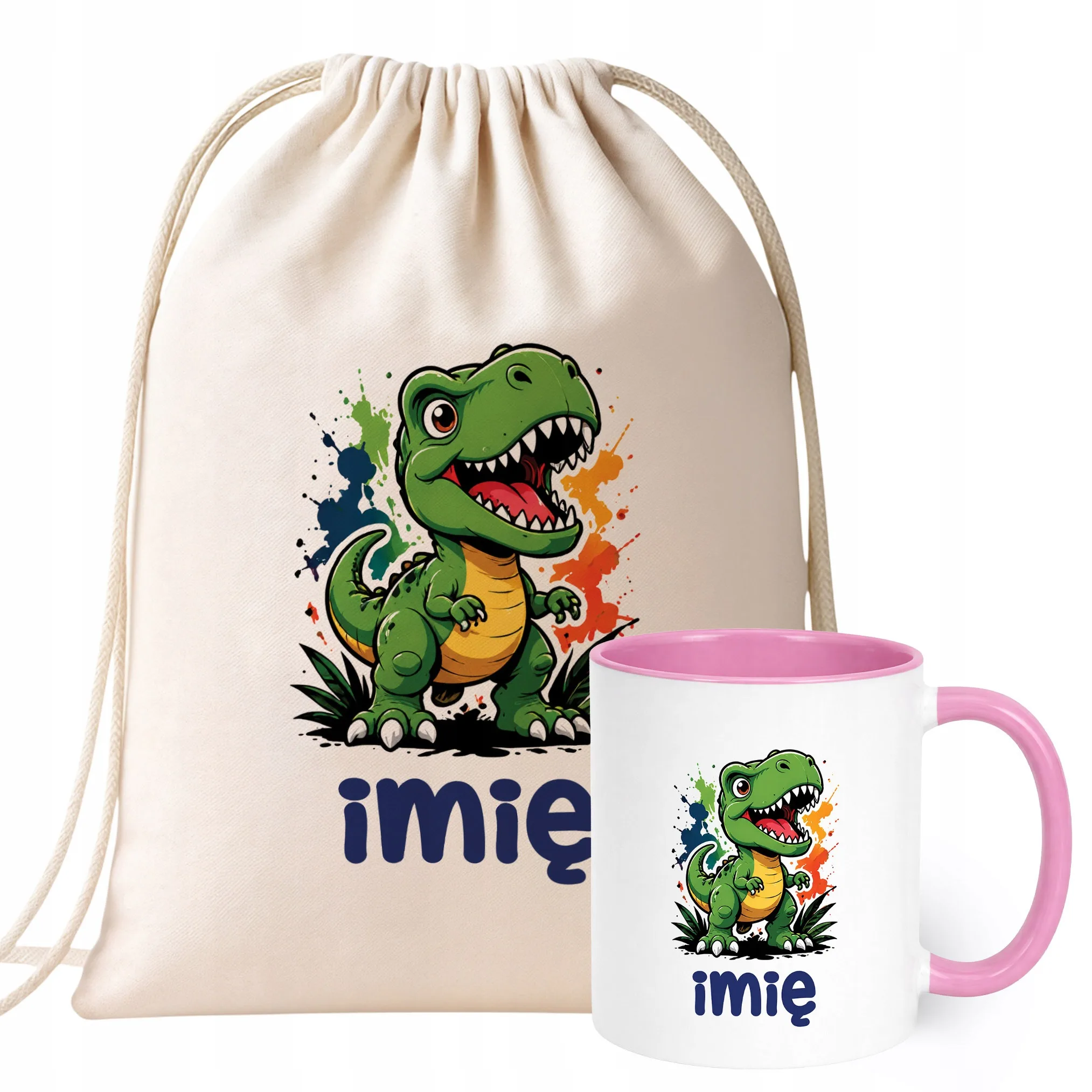Zestaw Personalizowany Plecak Worek Kubek Różowy T-rex Prezent